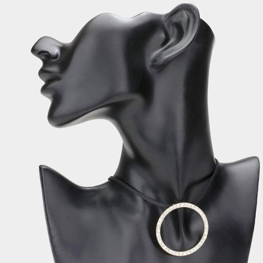 Rhinestone Paved Open Circle Pendant Faux Leather Choker Necklace - Madeline Love - Flyclothing LLC