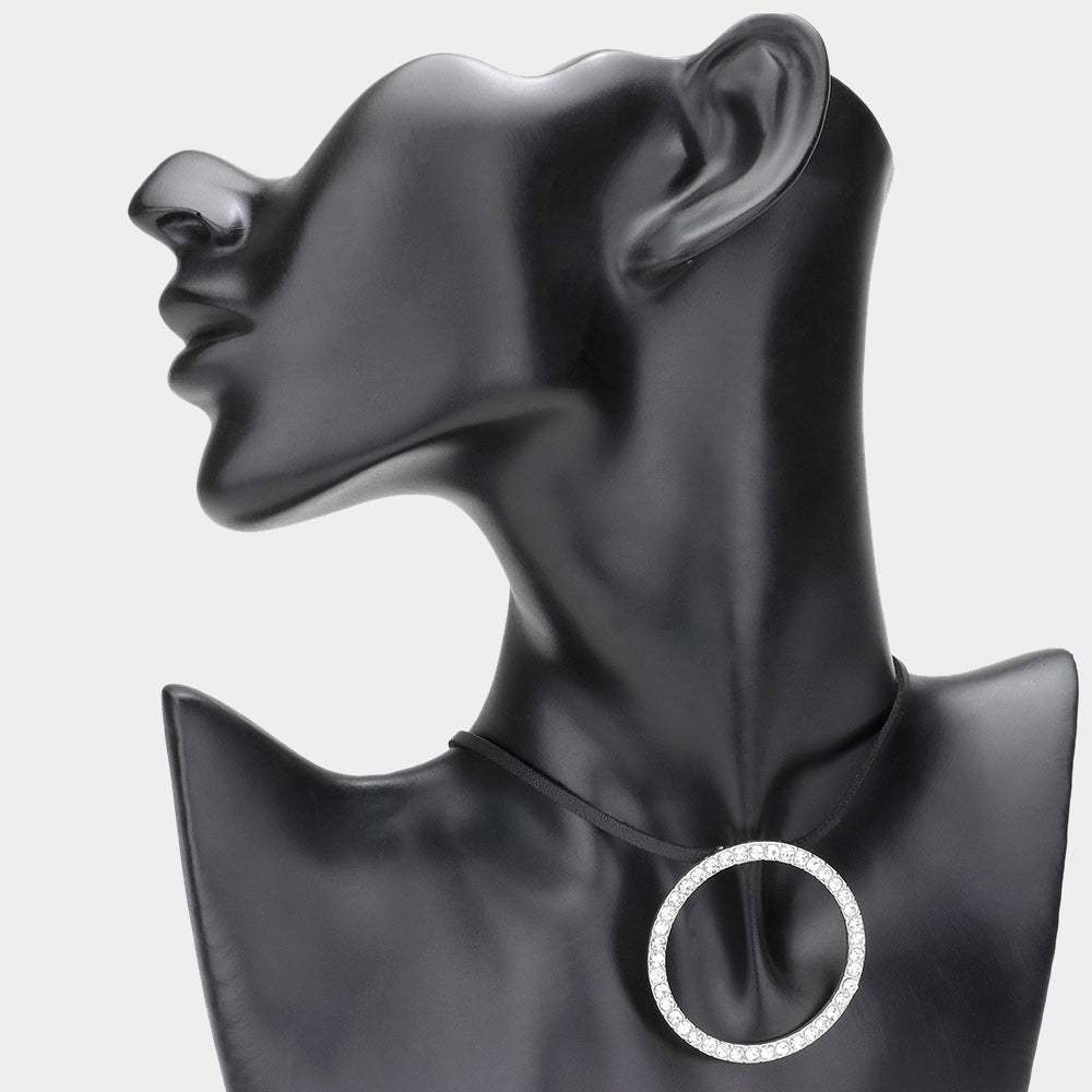 Rhinestone Paved Open Circle Pendant Faux Leather Choker Necklace - Madeline Love - Flyclothing LLC