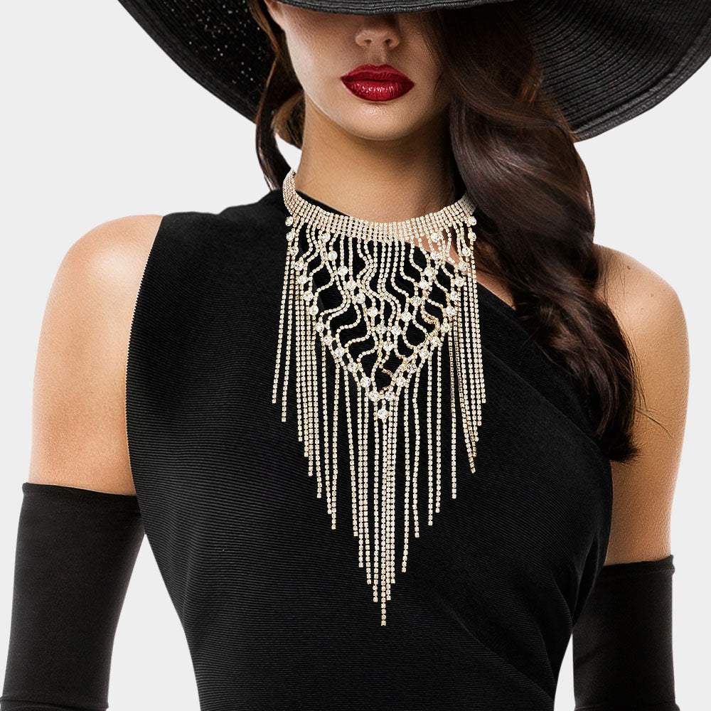 Round Stone Pointed Long Dropped Rhinestone Fringe Choker Necklace - Madeline Love - Flyclothing LLC