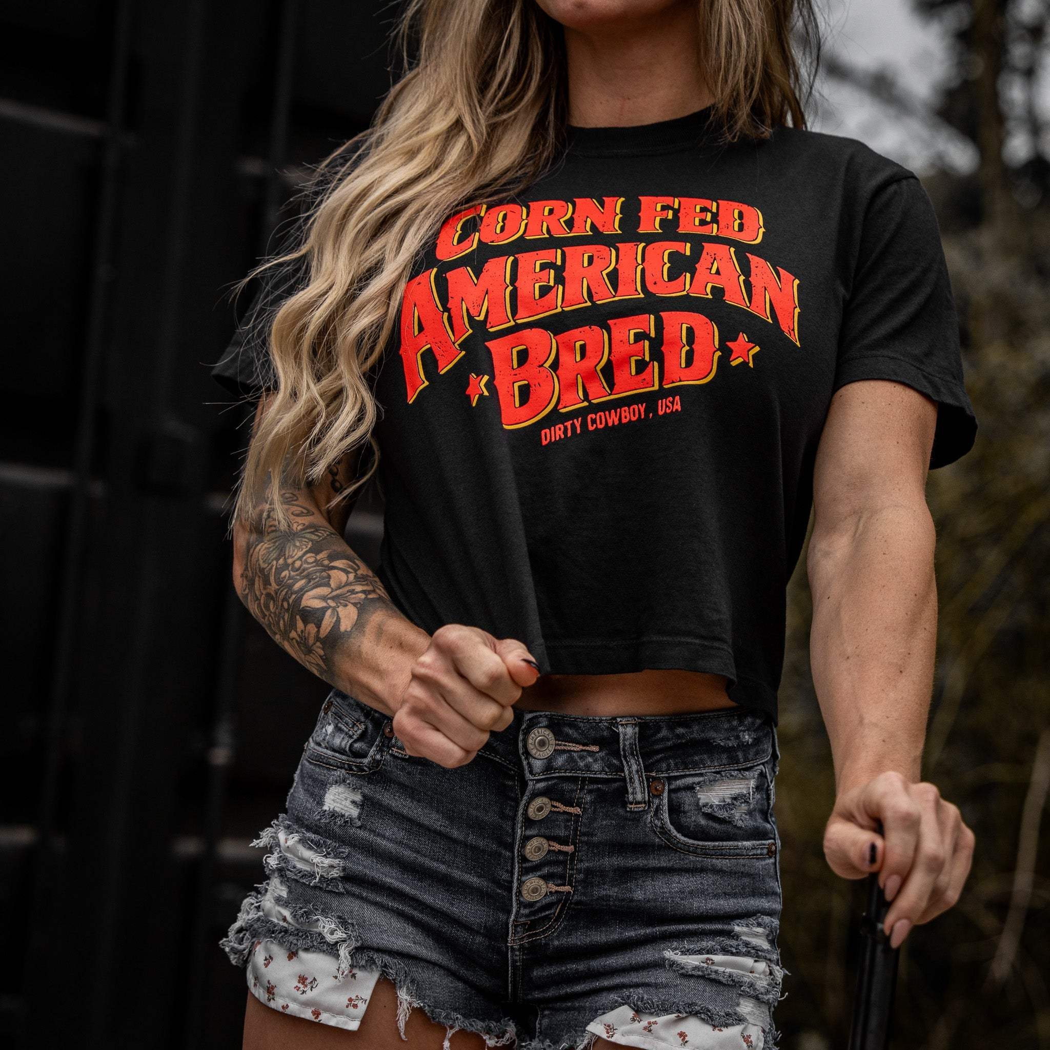 Corn Fed American Bred Women's Heavyweight Crop Tee - DIRTY COWBOY USA - Flyclothing LLC
