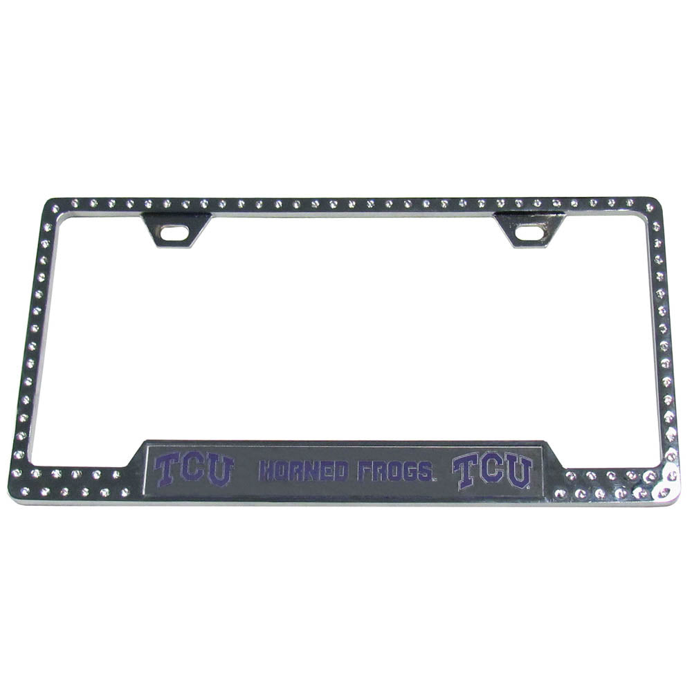Our bling tag frame are the perfect balance of chrome and glitz. The chrome tag frame is framed in crystals with an enameled plate featuring the TCU Horned Frogs logo and name.