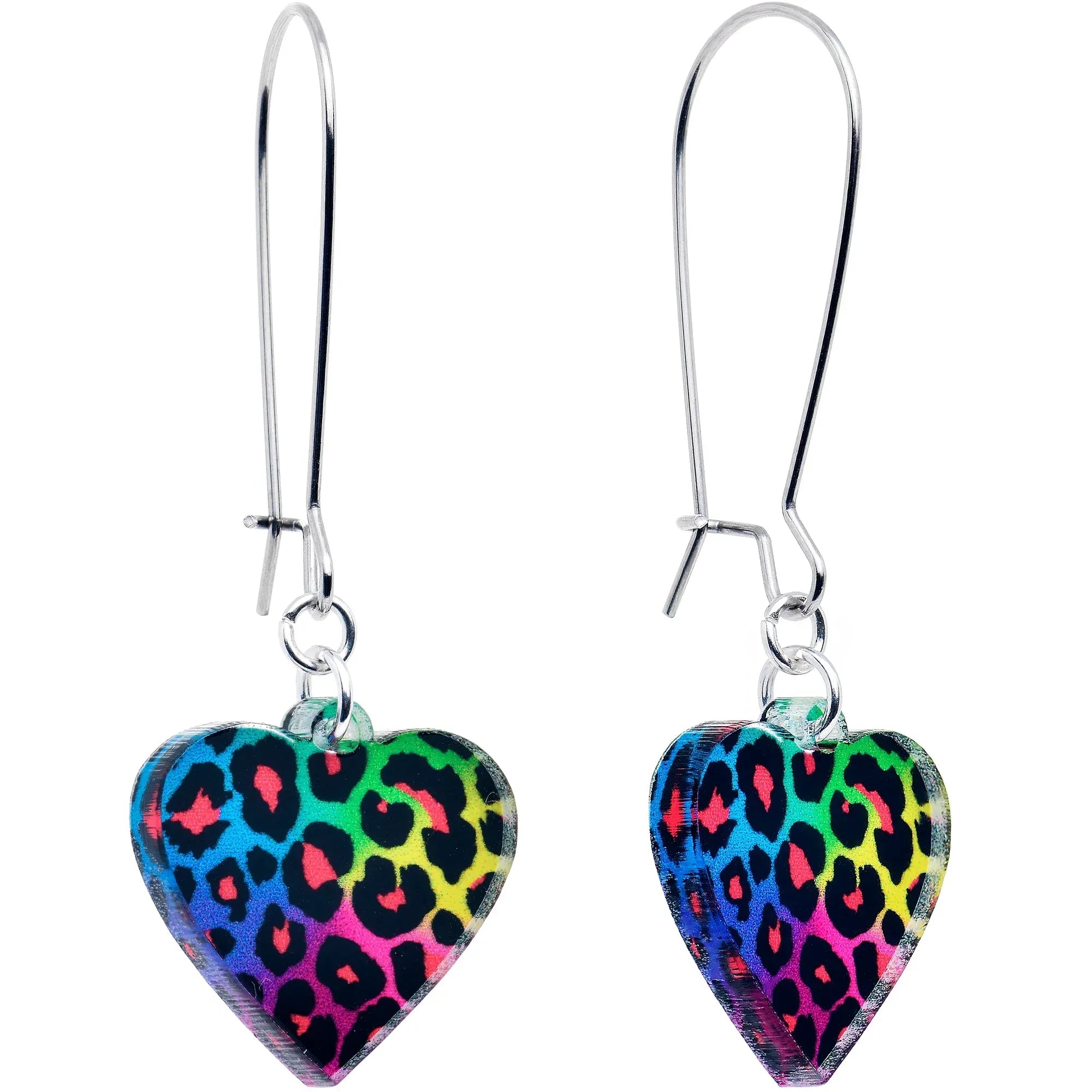 Acrylicious Rainbow Cheetah Print Heart Dangle Earrings by Onyx O - BodyCandy - Flyclothing LLC