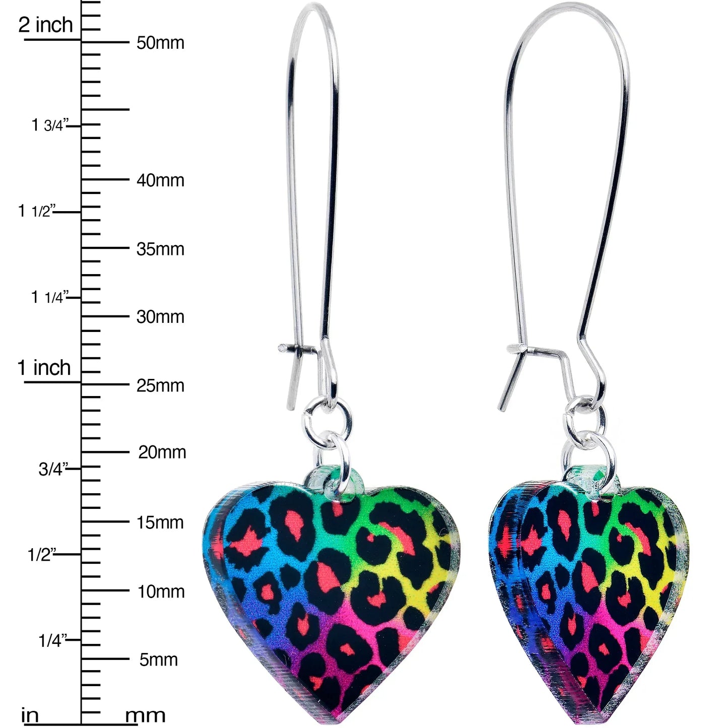 Acrylicious Rainbow Cheetah Print Heart Dangle Earrings by Onyx O - BodyCandy - Flyclothing LLC