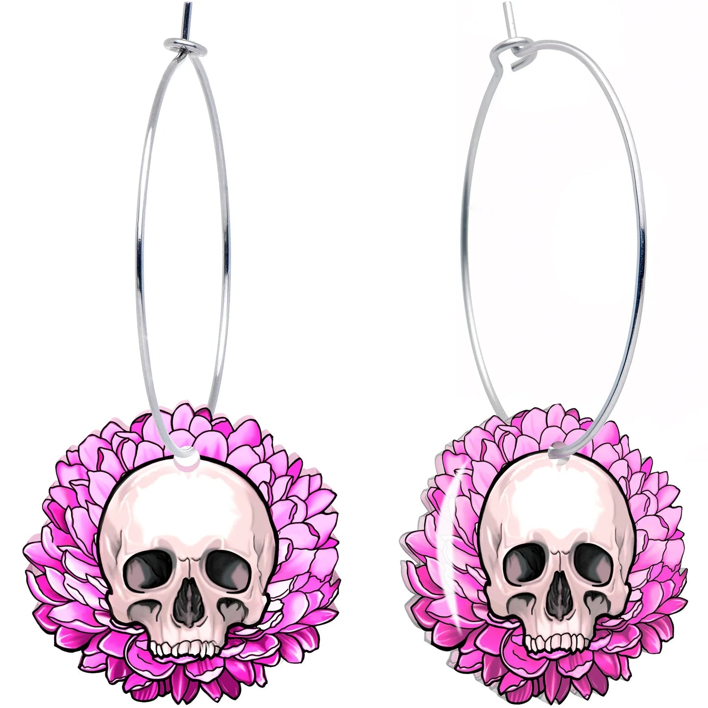 Blooming Pink Flower Skull Hoop Earrings by Onyx O - BodyCandy - Flyclothing LLC