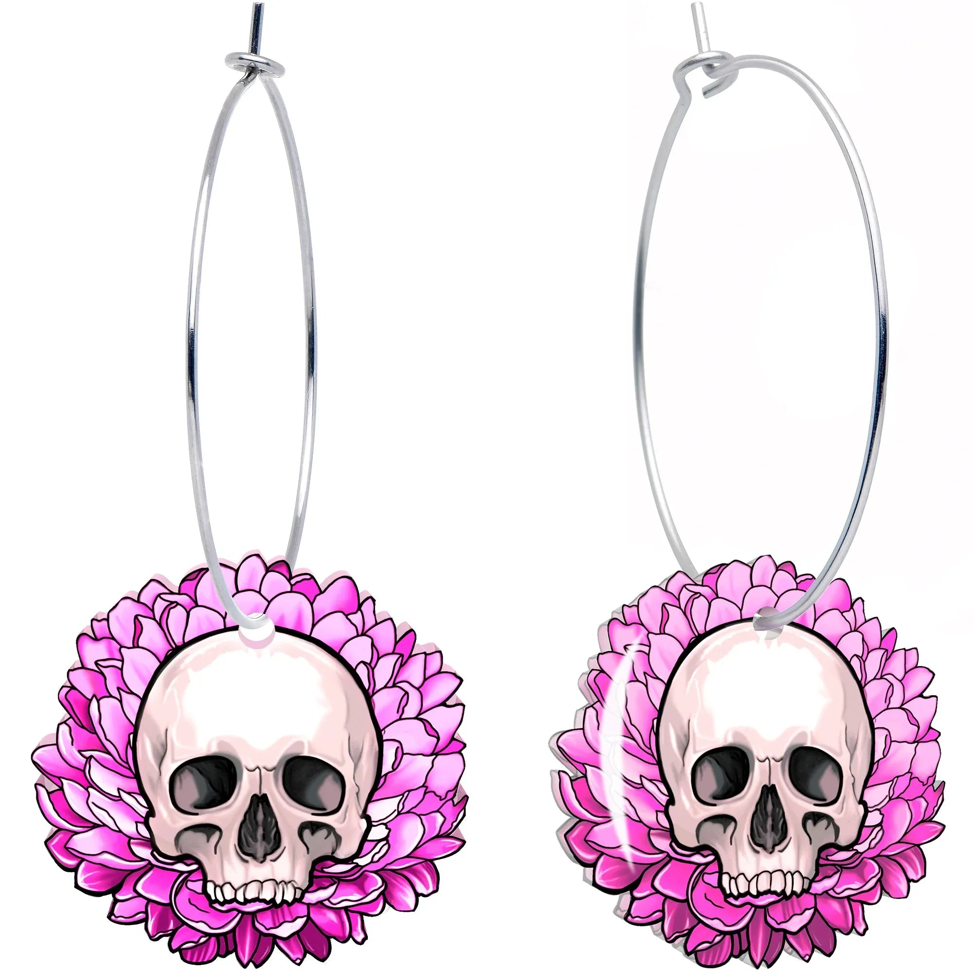 Blooming Pink Flower Skull Hoop Earrings by Onyx O - BodyCandy - Flyclothing LLC