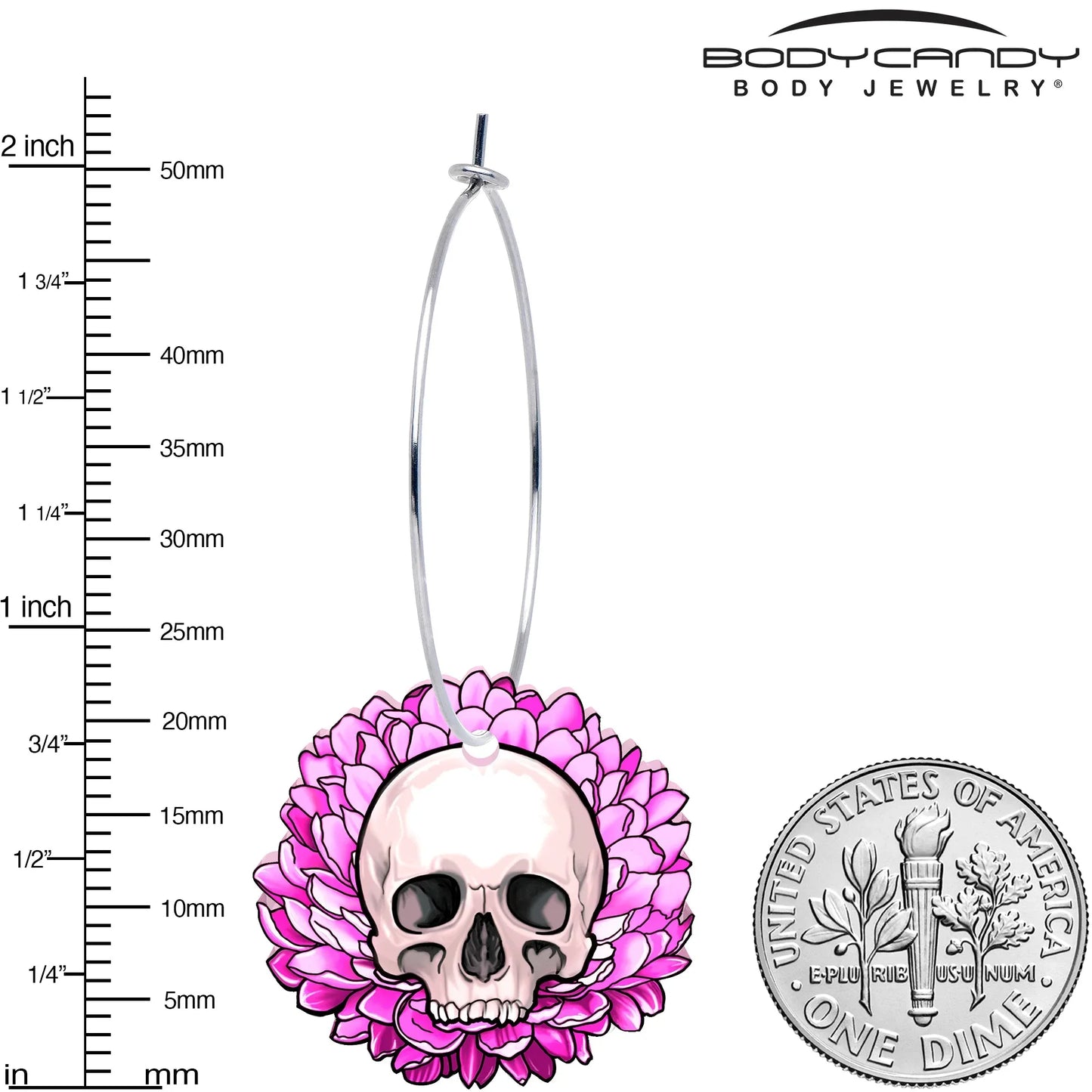 Blooming Pink Flower Skull Hoop Earrings by Onyx O - BodyCandy - Flyclothing LLC