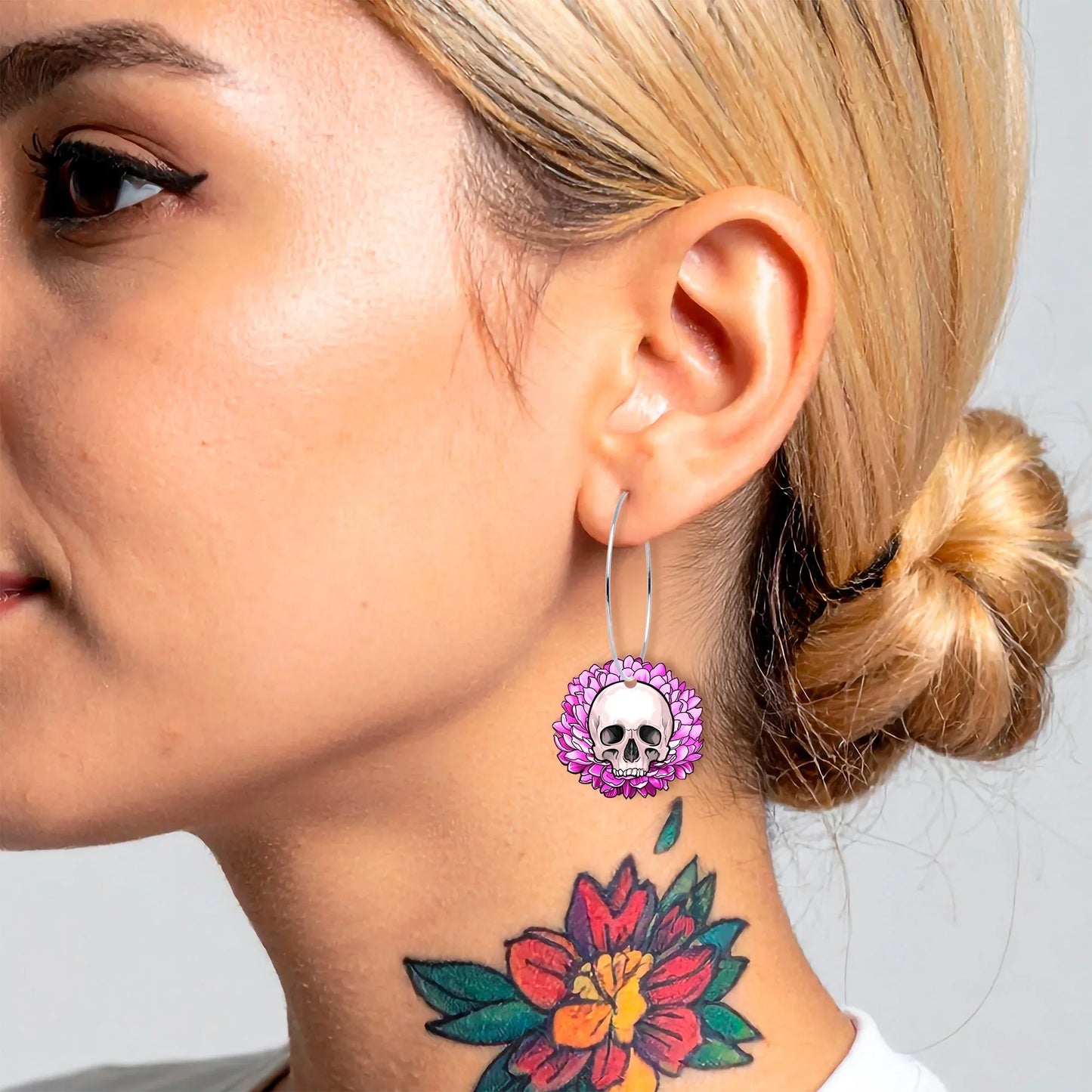 Blooming Pink Flower Skull Hoop Earrings by Onyx O - BodyCandy - Flyclothing LLC