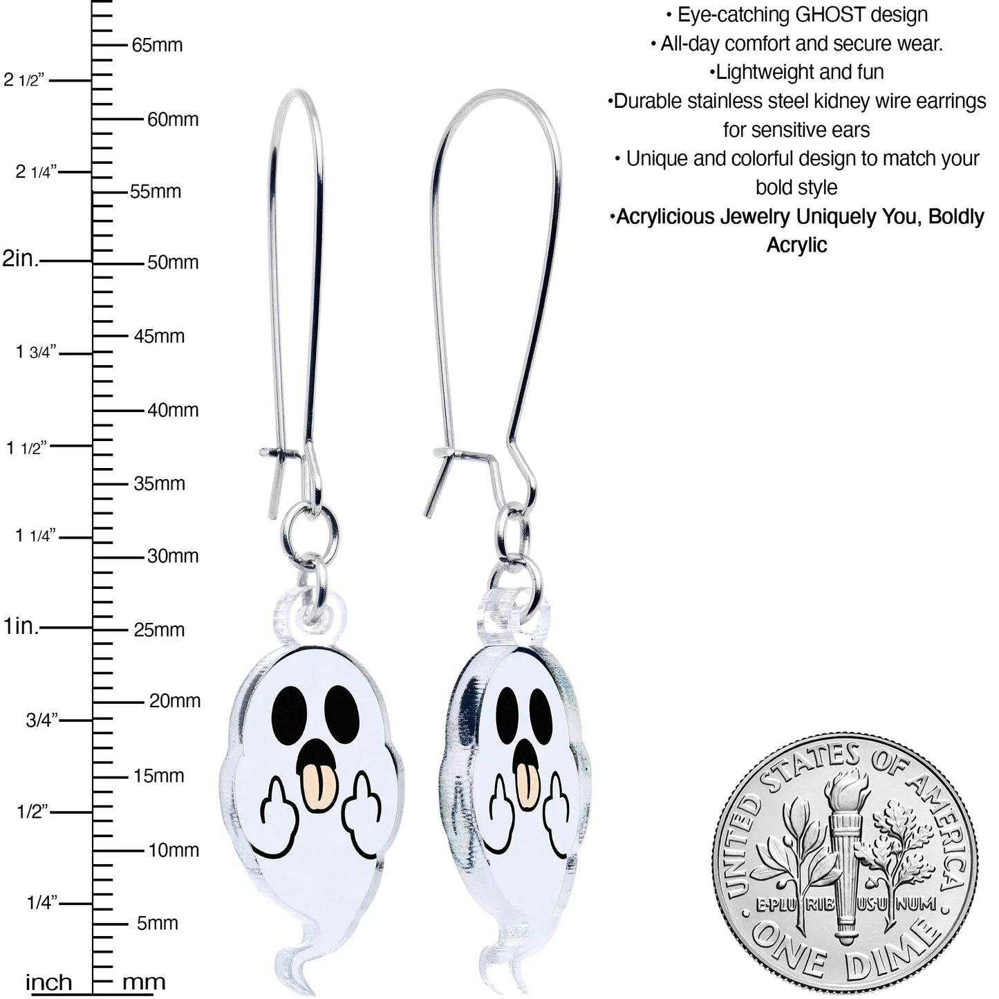 Acrylicious Sassy Spirit Middle Finger Ghost Dangle Earrings by Onyx O - BodyCandy - Flyclothing LLC
