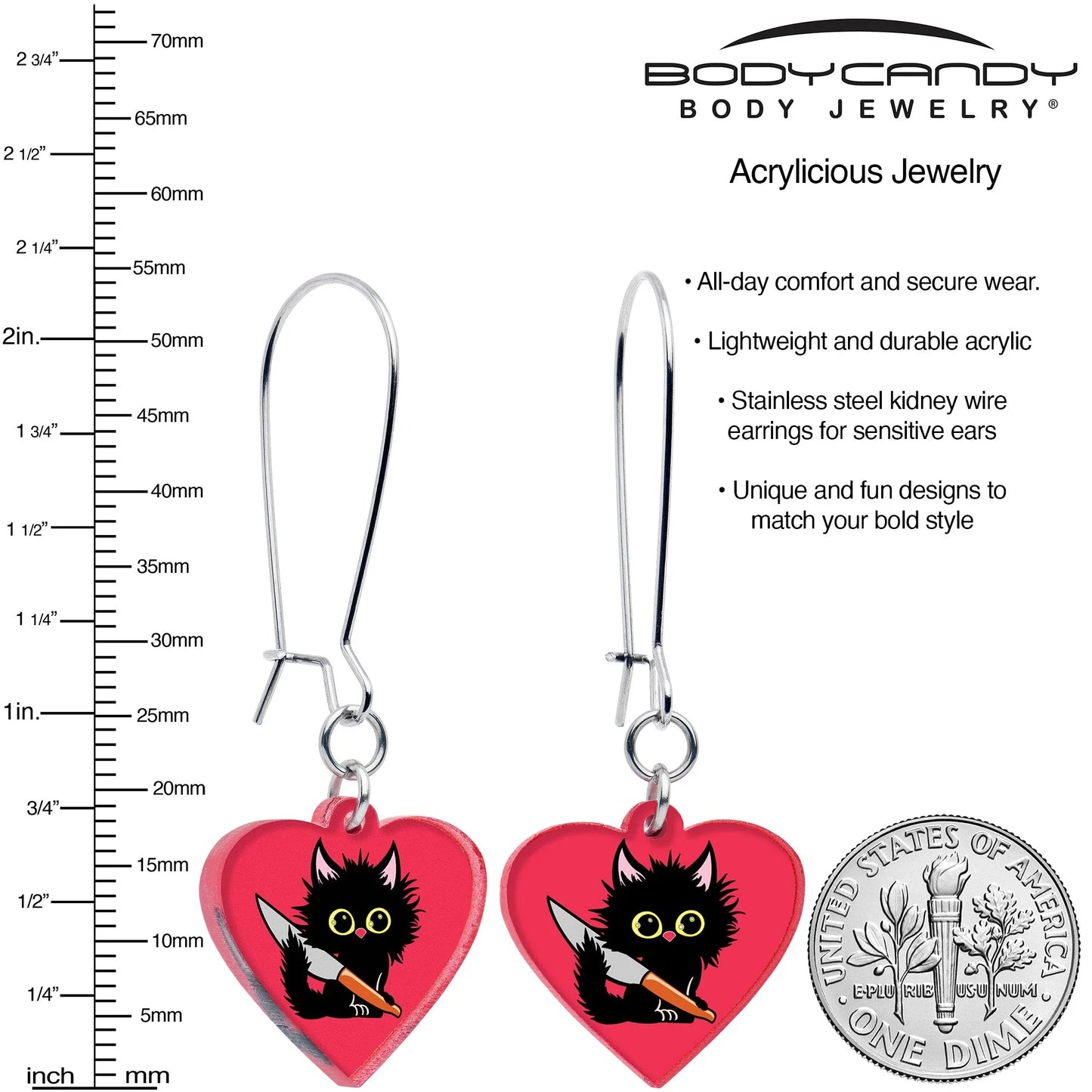 Heart Staby Cat Dangle Earrings by Onyx O - BodyCandy - Flyclothing LLC