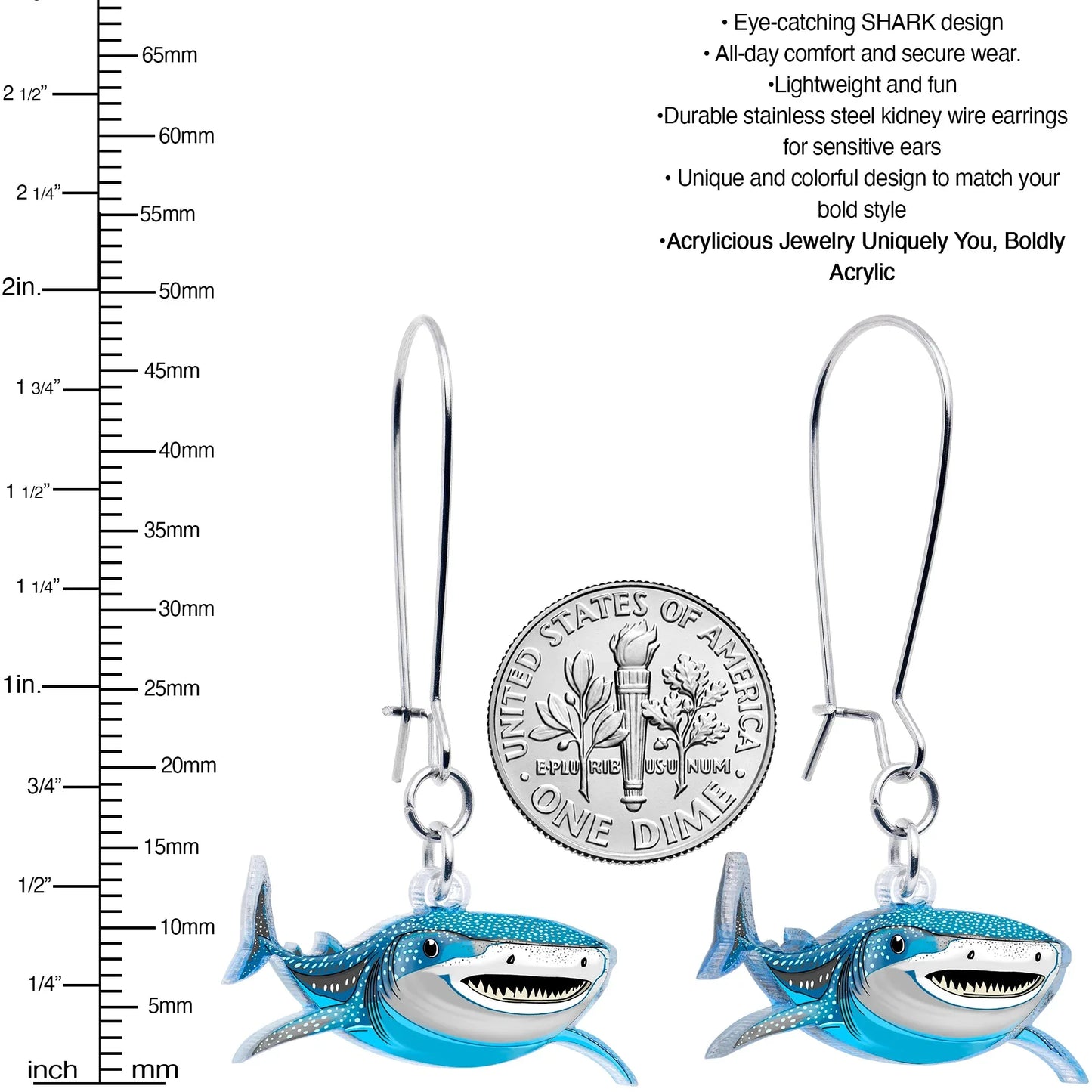 Acrylicious Attack Swimming Shark Dangle Earrings by Onyx O - BodyCandy - Flyclothing LLC