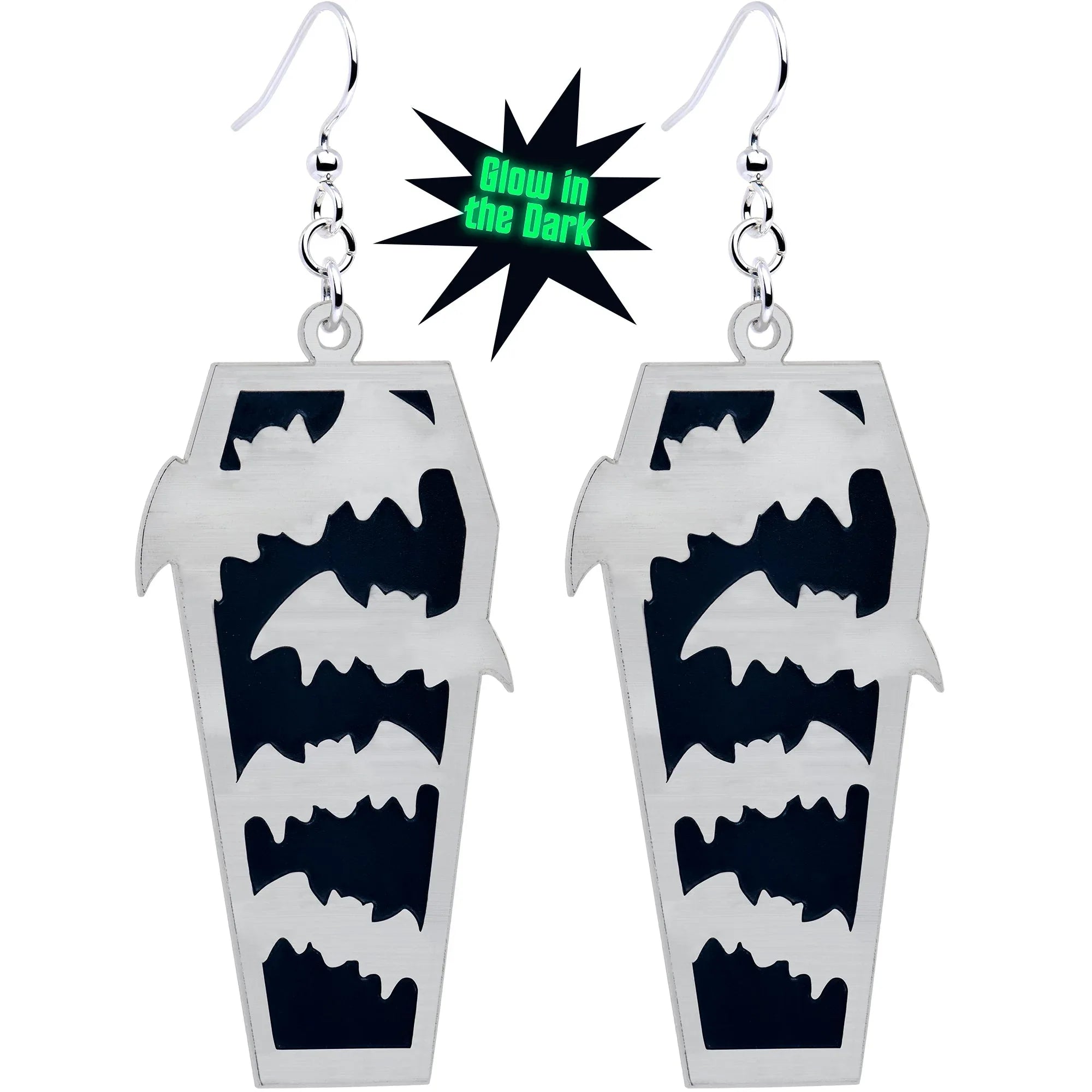 Glowing Bats Coffin Glow in the Dark Dangle Earrings by Onyx O - BodyCandy - Flyclothing LLC