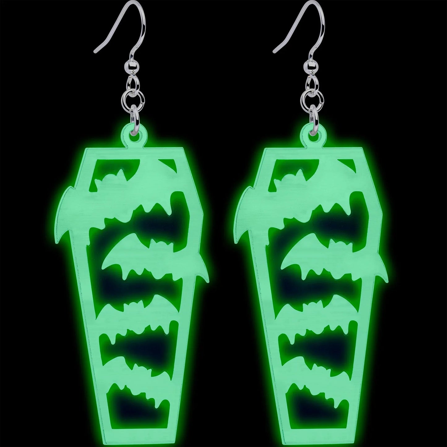 Glowing Bats Coffin Glow in the Dark Dangle Earrings by Onyx O - BodyCandy - Flyclothing LLC