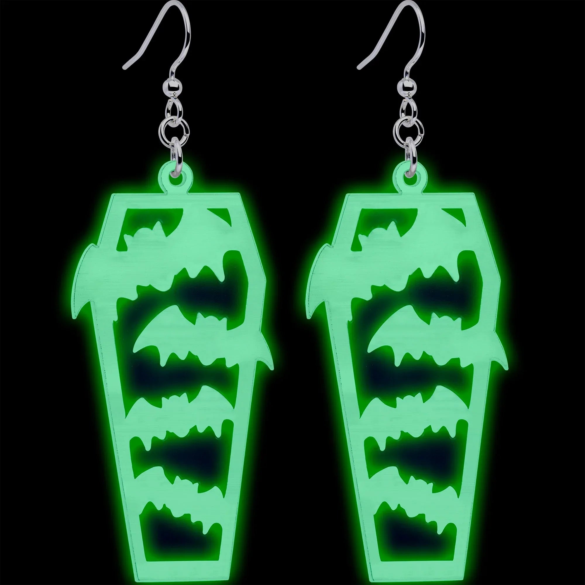 Glowing Bats Coffin Glow in the Dark Dangle Earrings by Onyx O - BodyCandy - Flyclothing LLC