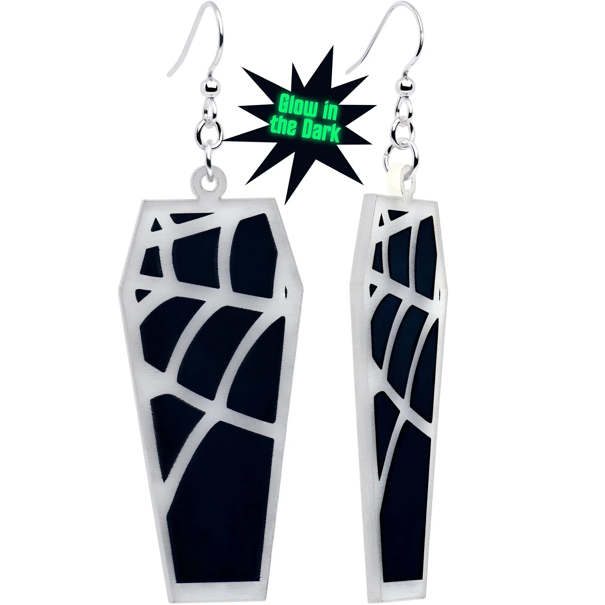 Glowing Spider Web Coffin Glow in the Dark Dangle Earrings by Onyx O - BodyCandy - Flyclothing LLC