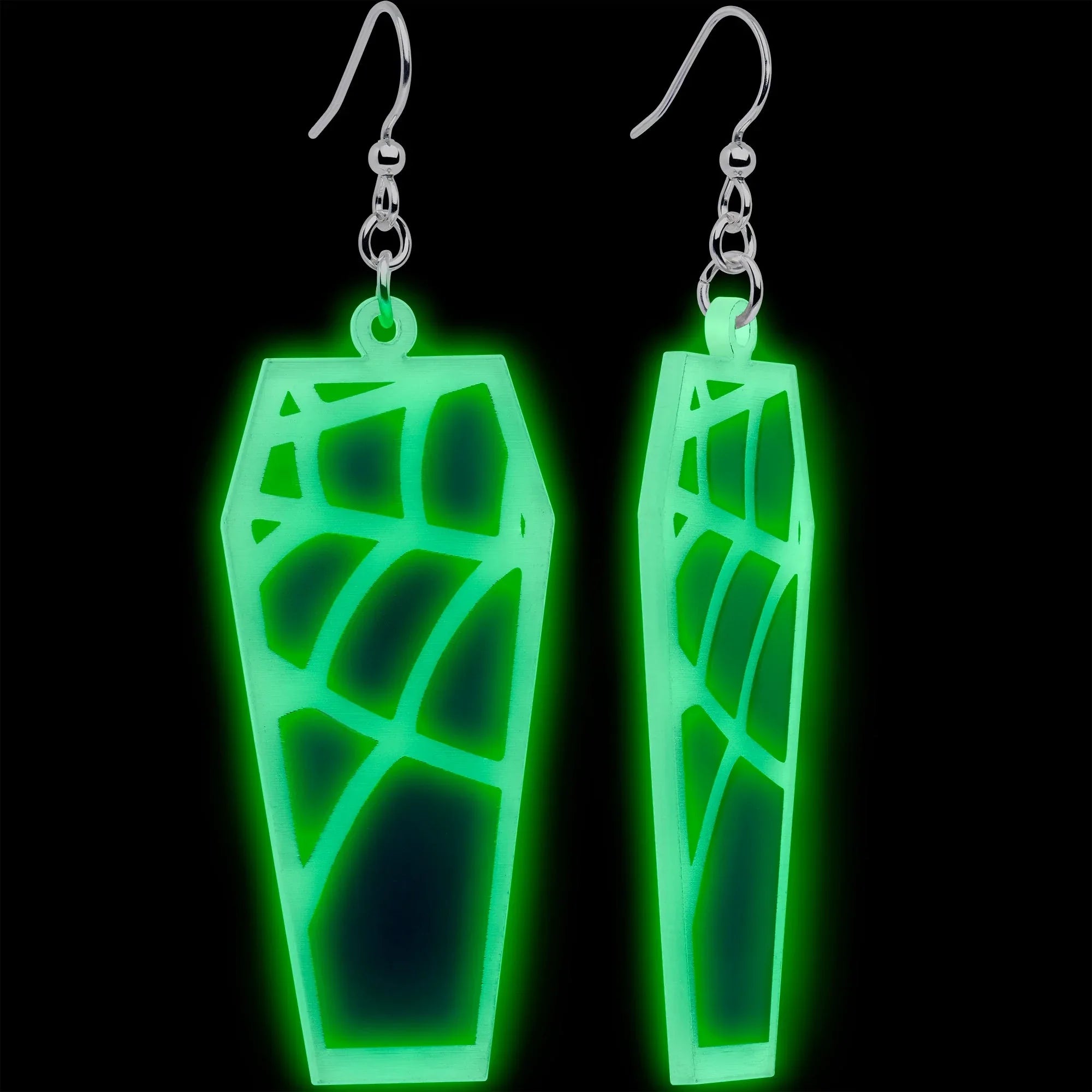 Glowing Spider Web Coffin Glow in the Dark Dangle Earrings by Onyx O - BodyCandy - Flyclothing LLC