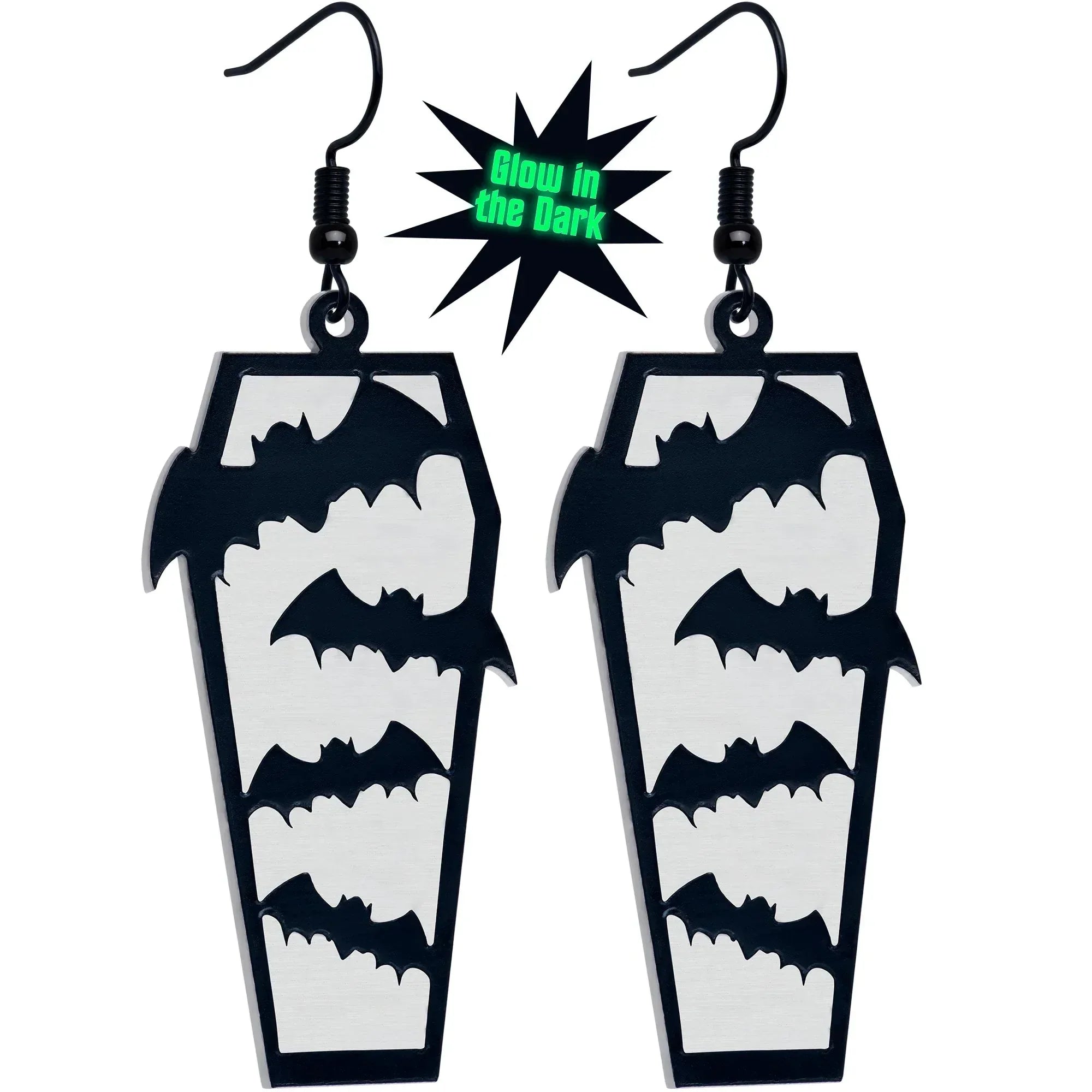 Black Bat Coffin Glow in the Dark Dangle Earrings by Onyx O - BodyCandy - Flyclothing LLC