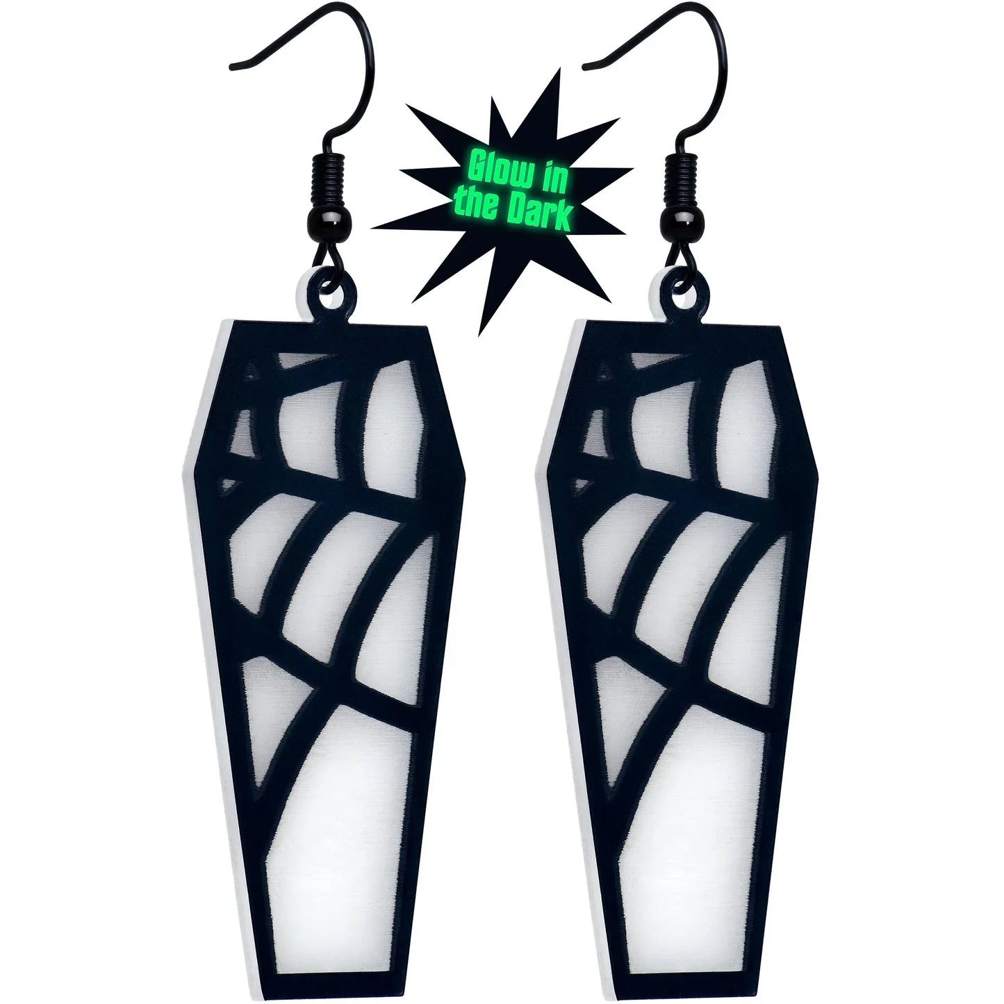 Black Spider Web Coffin Glow in the Dark Dangle Earrings by Onyx O - BodyCandy - Flyclothing LLC