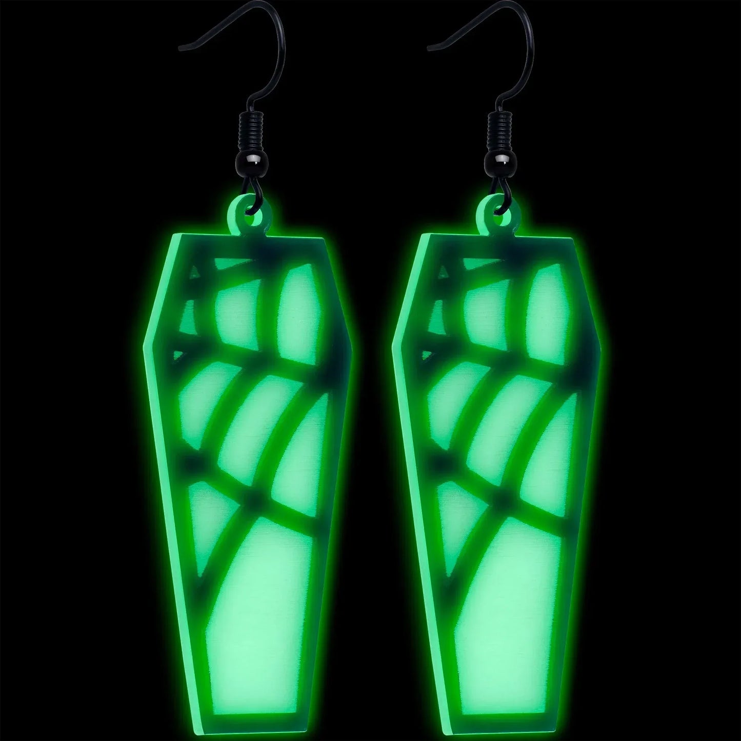 Black Spider Web Coffin Glow in the Dark Dangle Earrings by Onyx O - BodyCandy - Flyclothing LLC