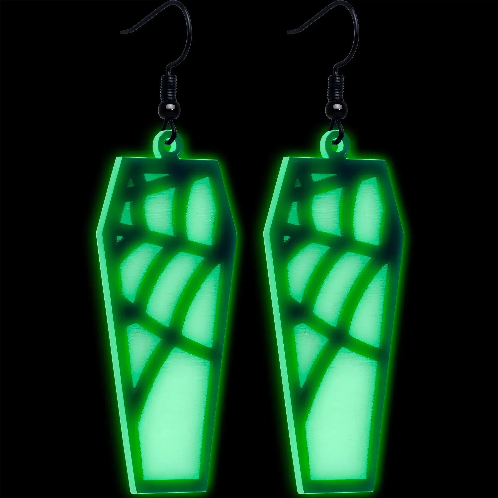Black Spider Web Coffin Glow in the Dark Dangle Earrings by Onyx O - BodyCandy - Flyclothing LLC