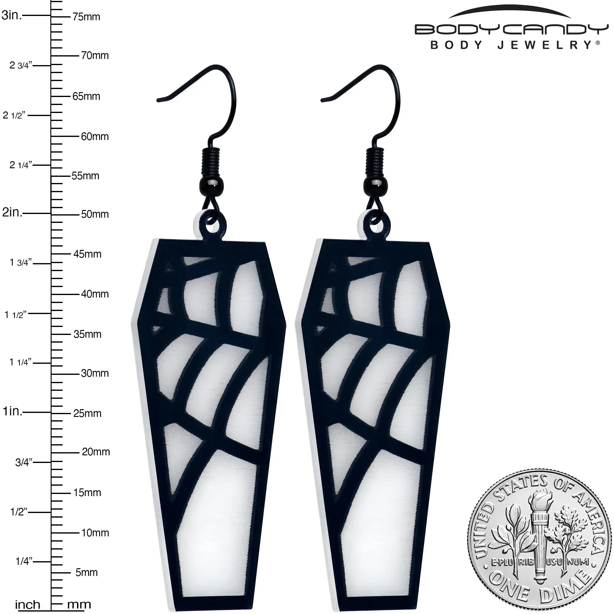 Black Spider Web Coffin Glow in the Dark Dangle Earrings by Onyx O - BodyCandy - Flyclothing LLC