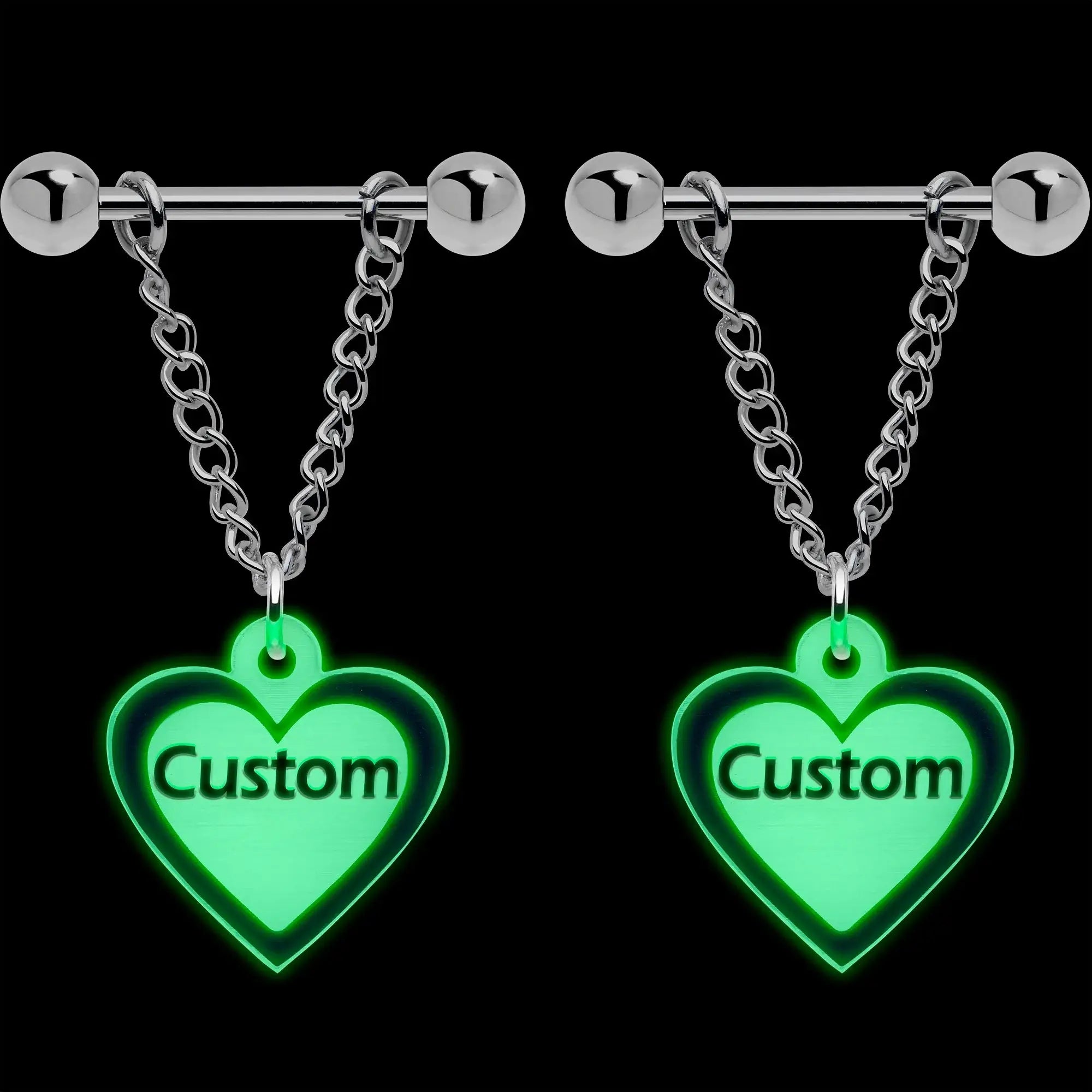 Custom Heart Glow in the Dark Chain Personalized Name Dangle Nipple Ring Set - BodyCandy - Flyclothing LLC