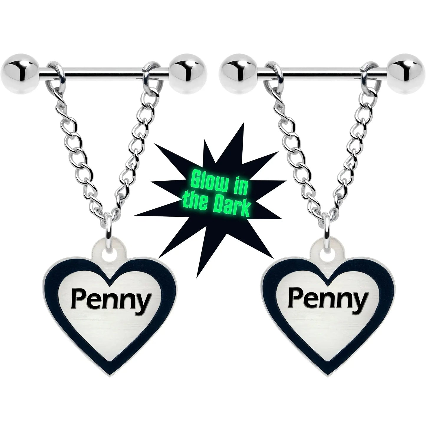 Custom Heart Glow in the Dark Chain Personalized Name Dangle Nipple Ring Set - BodyCandy - Flyclothing LLC