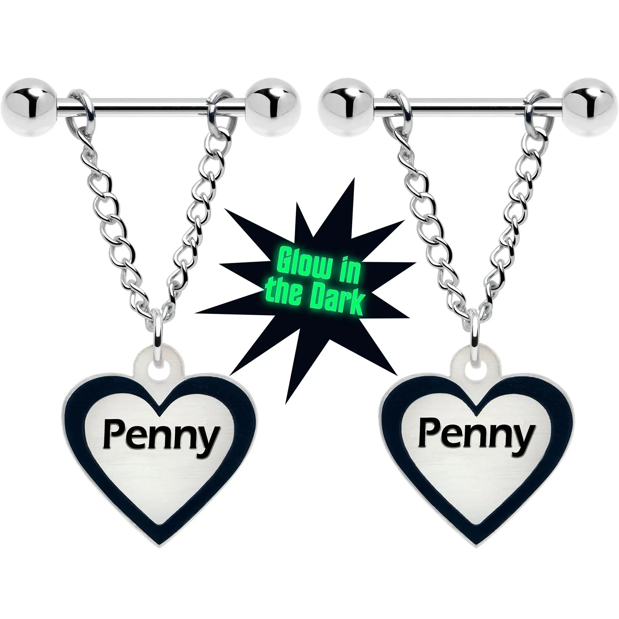 Custom Heart Glow in the Dark Chain Personalized Name Dangle Nipple Ring Set - BodyCandy - Flyclothing LLC