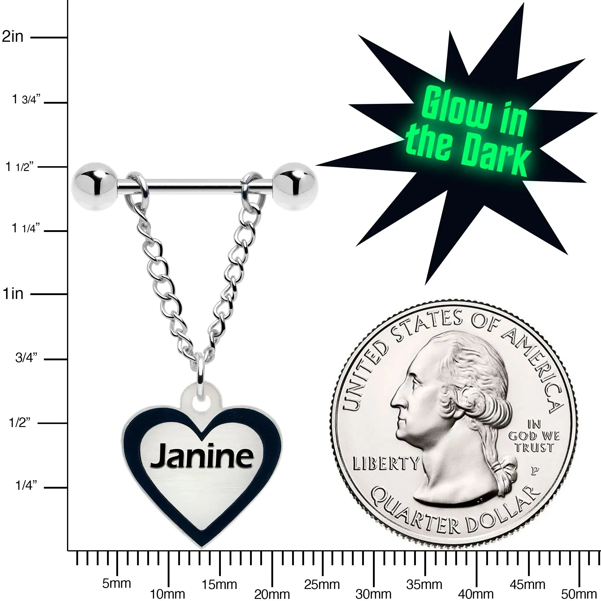 Custom Heart Glow in the Dark Chain Personalized Name Dangle Nipple Ring Set - BodyCandy - Flyclothing LLC