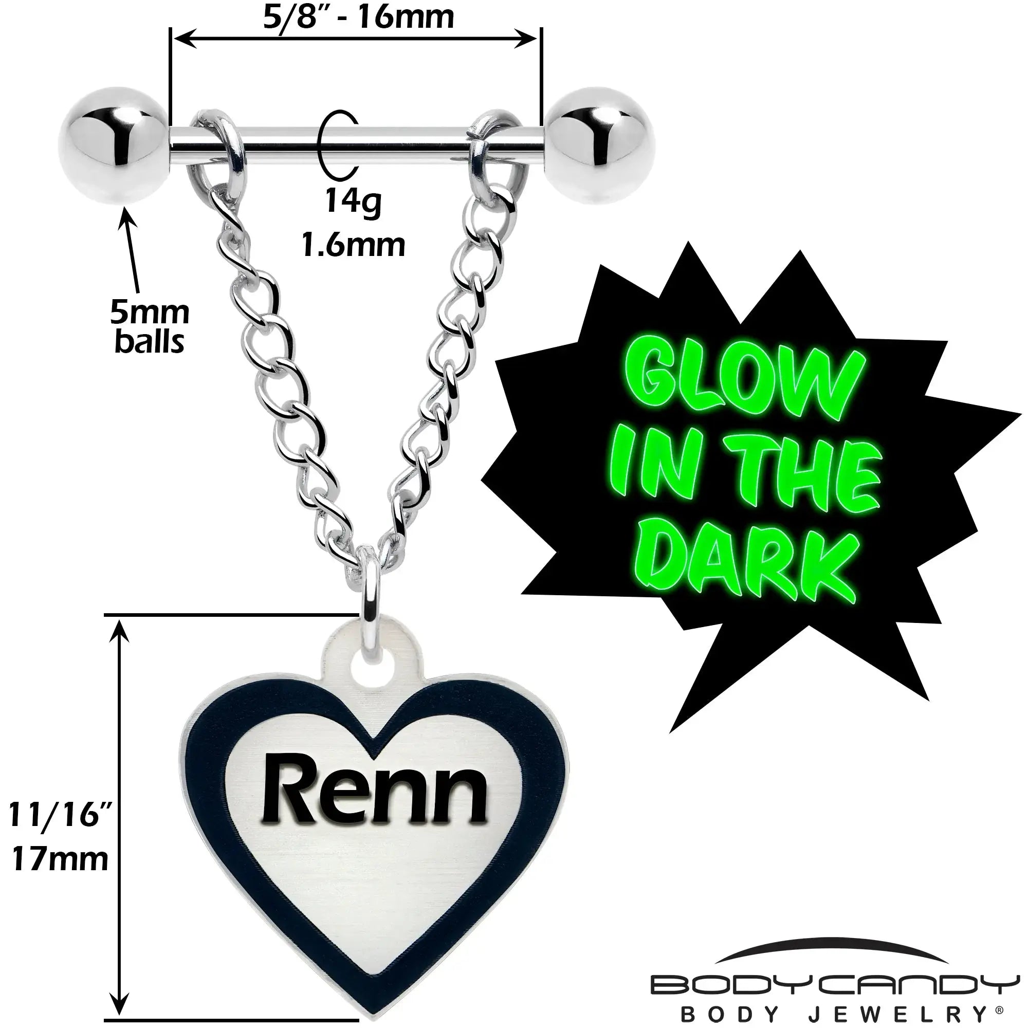 Custom Heart Glow in the Dark Chain Personalized Name Dangle Nipple Ring Set - BodyCandy - Flyclothing LLC