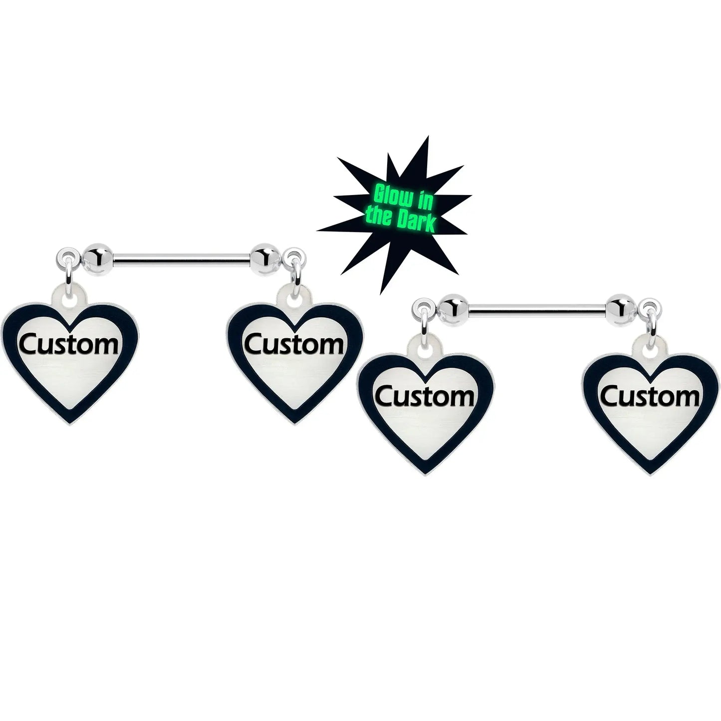Custom Heart Glow in the Dark Double Personalized Name Dangle Nipple Ring Set - BodyCandy - Flyclothing LLC