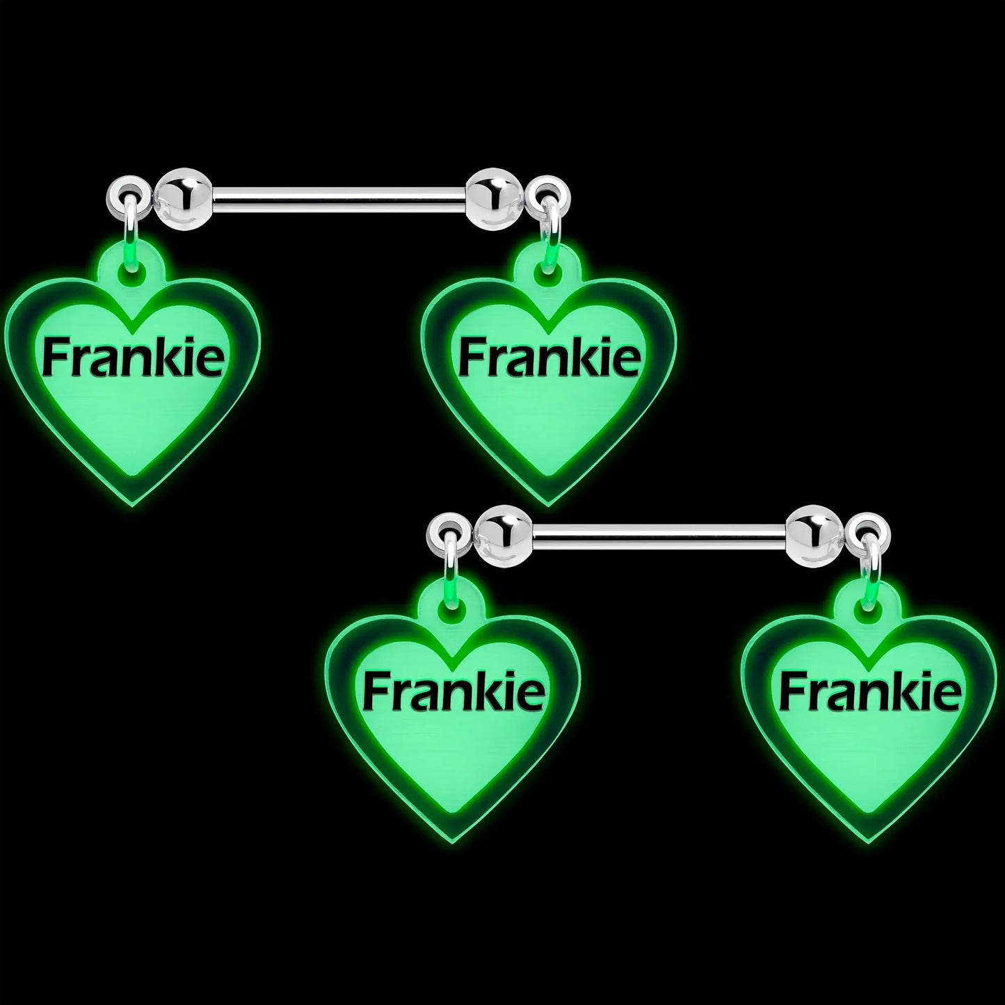 Custom Heart Glow in the Dark Double Personalized Name Dangle Nipple Ring Set - BodyCandy - Flyclothing LLC