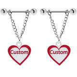 Custom Red White Heart Chain Personalized Name Dangle Nipple Ring Set - BodyCandy - Flyclothing LLC