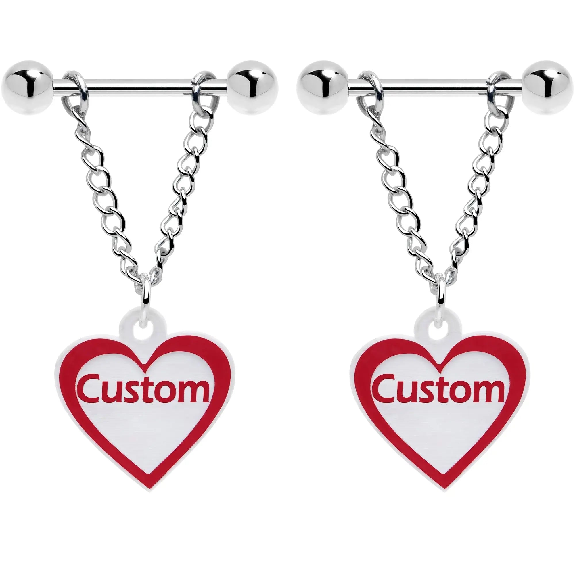 Custom Red White Heart Chain Personalized Name Dangle Nipple Ring Set - BodyCandy - Flyclothing LLC