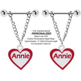 Custom Red White Heart Chain Personalized Name Dangle Nipple Ring Set - BodyCandy - Flyclothing LLC