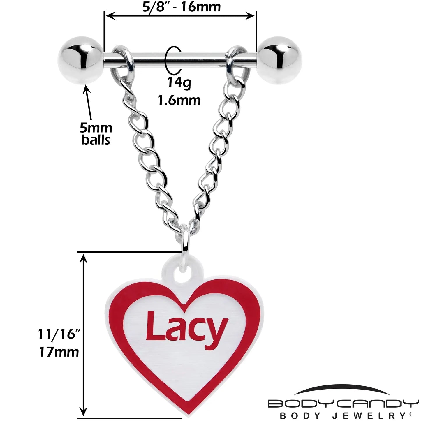 Custom Red White Heart Chain Personalized Name Dangle Nipple Ring Set - BodyCandy - Flyclothing LLC
