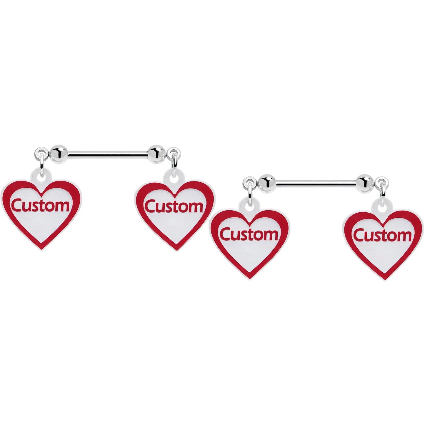 Custom Red White Heart Double Personalized Name Dangle Nipple Ring Set - BodyCandy - Flyclothing LLC