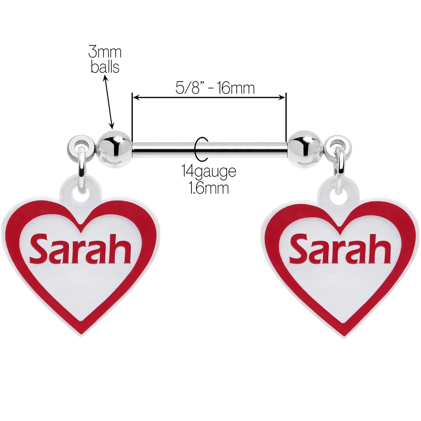 Custom Red White Heart Double Personalized Name Dangle Nipple Ring Set - BodyCandy - Flyclothing LLC