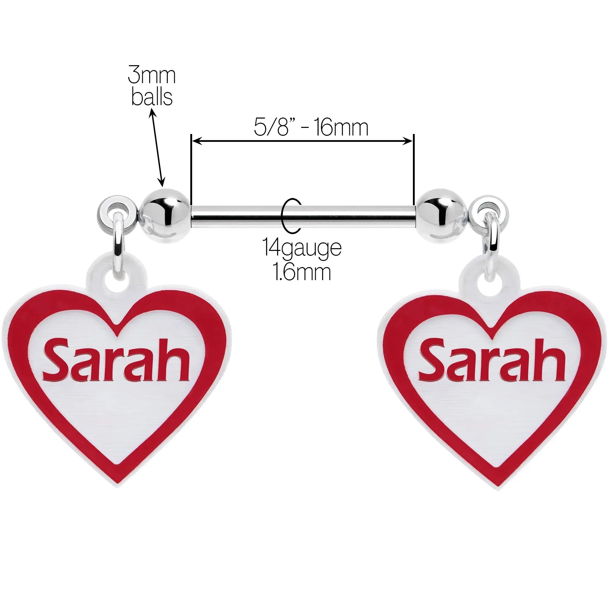 Custom Red White Heart Double Personalized Name Dangle Nipple Ring Set - BodyCandy - Flyclothing LLC