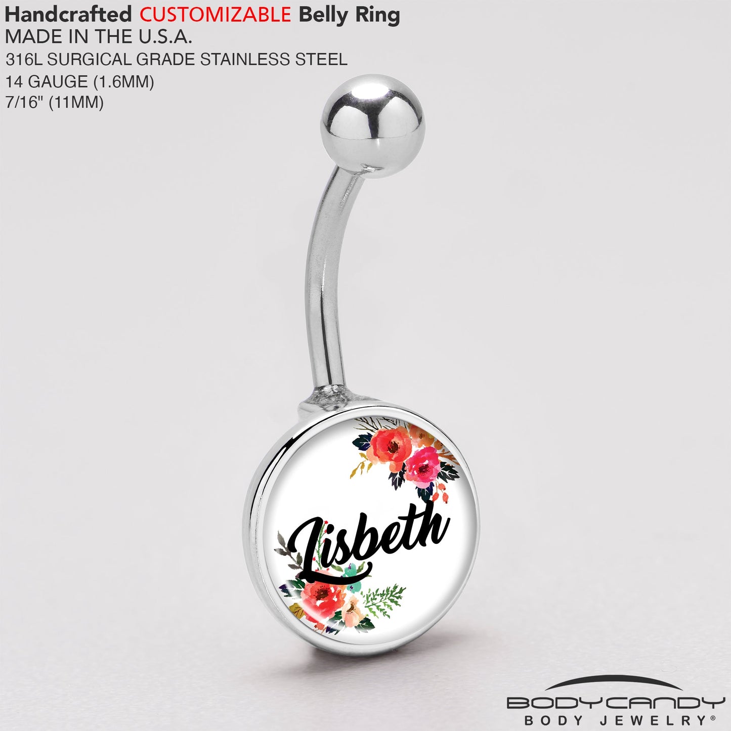 Custom Floral Personalized Name Belly Ring - BodyCandy - Flyclothing LLC