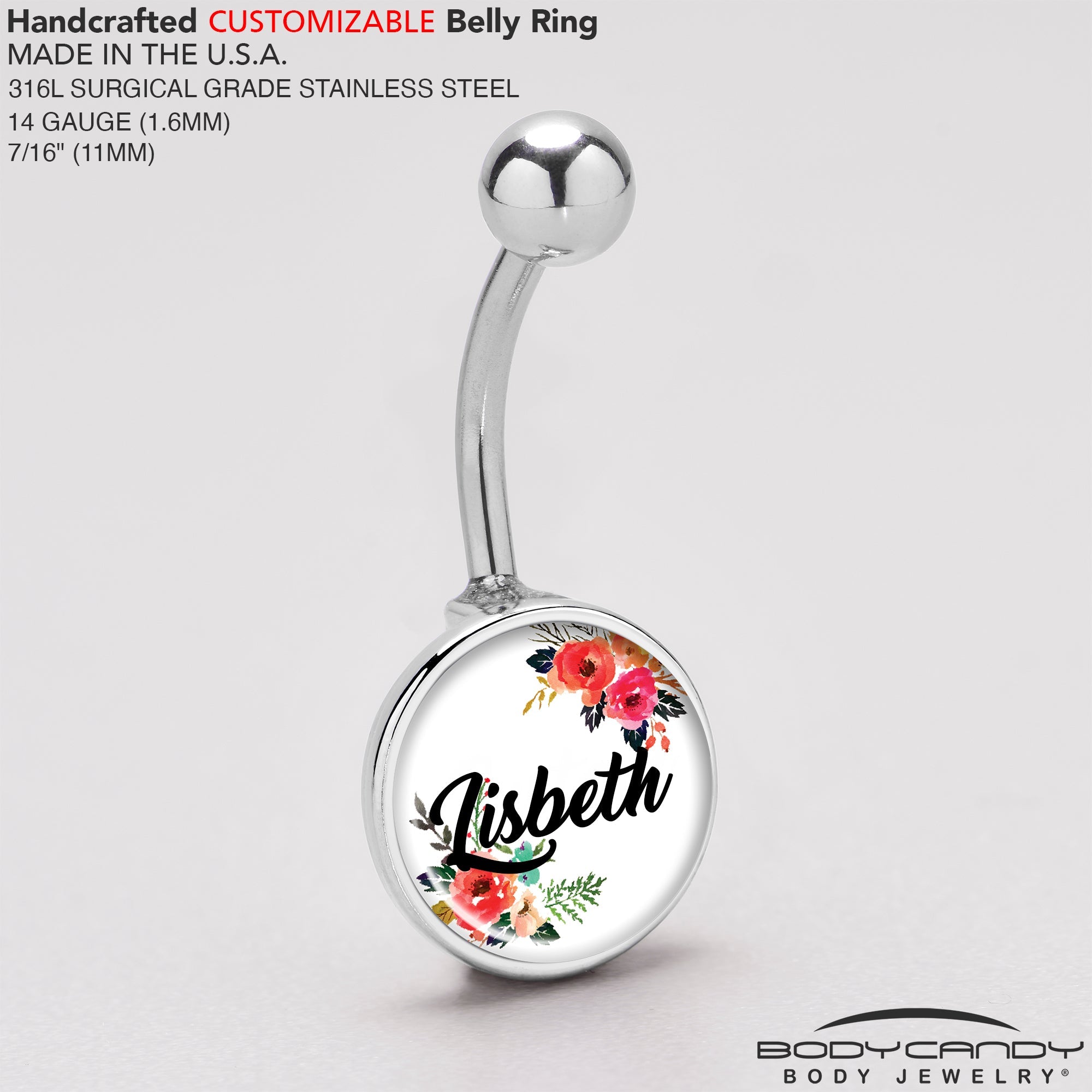 Custom Floral Personalized Name Belly Ring - BodyCandy - Flyclothing LLC