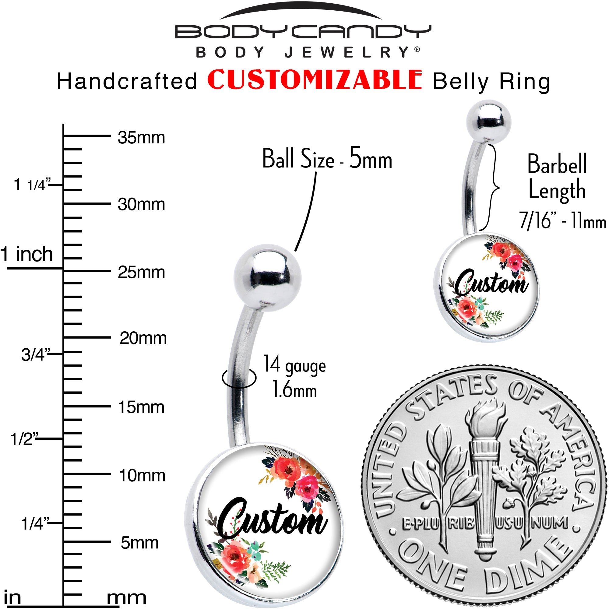 Custom Floral Personalized Name Belly Ring - BodyCandy - Flyclothing LLC