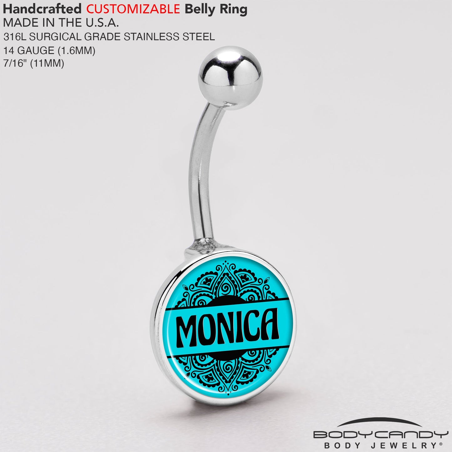 Custom Teal Mandala Personalized Name Belly Ring - BodyCandy - Flyclothing LLC