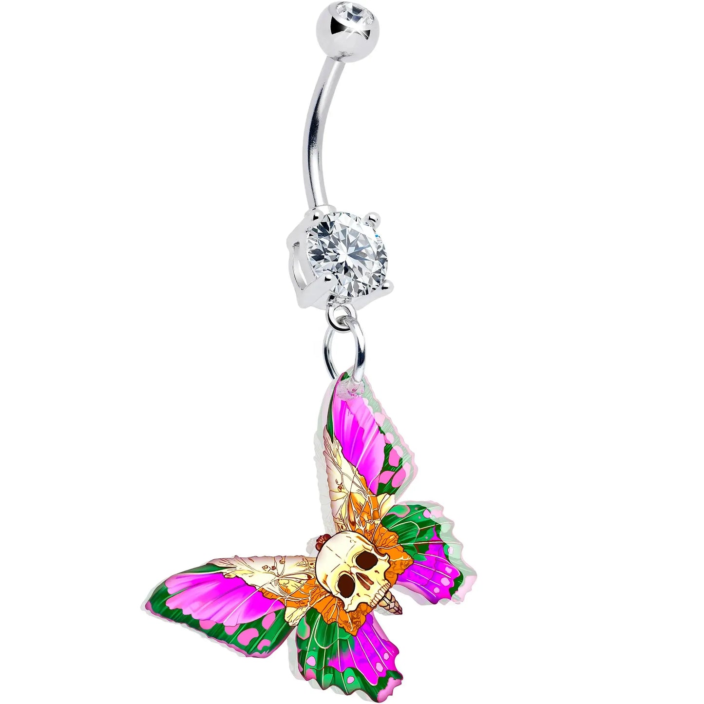 Clear Gem Butterfly Skull Dangle Belly Ring by Onyx O - BodyCandy - Flyclothing LLC