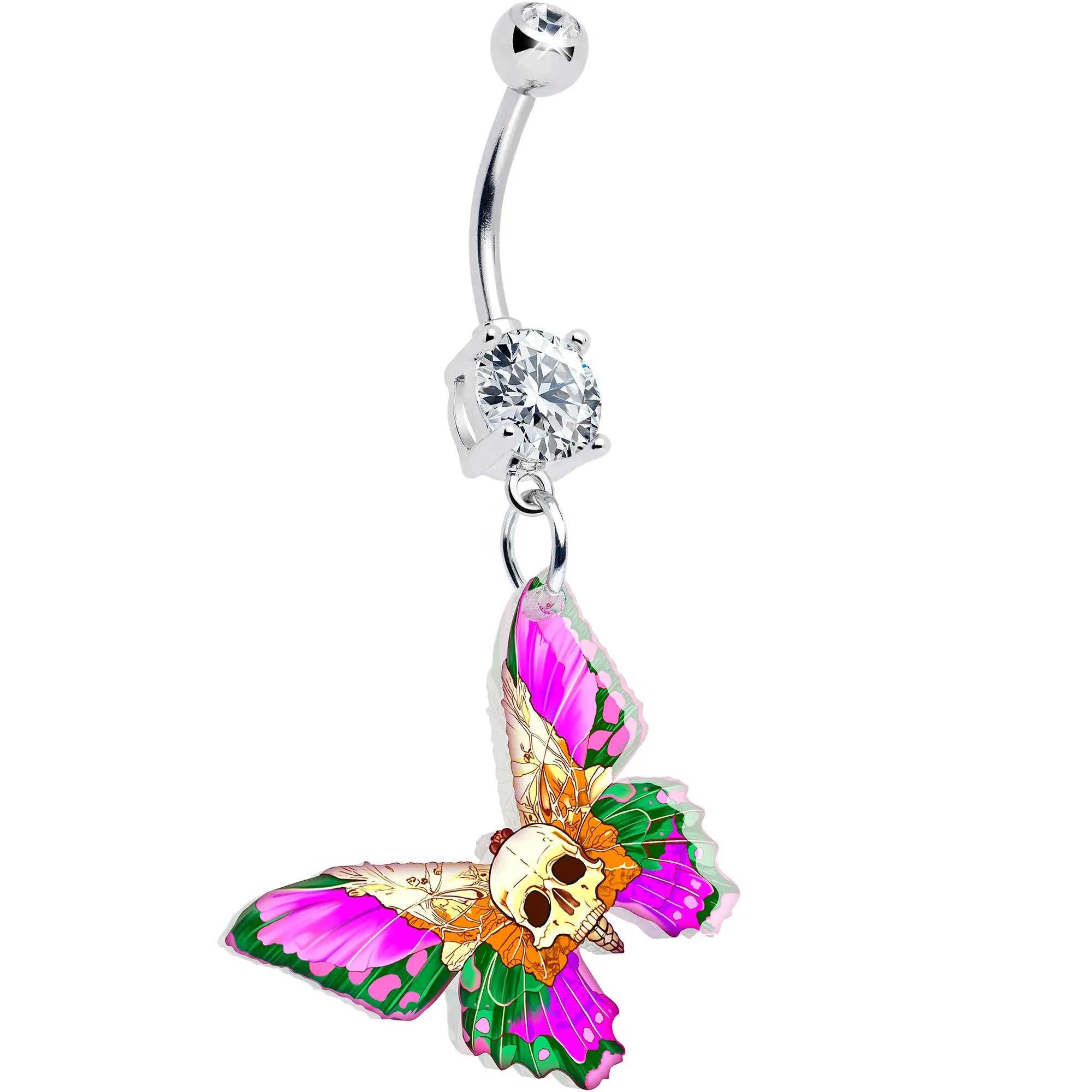 Clear Gem Butterfly Skull Dangle Belly Ring by Onyx O - BodyCandy - Flyclothing LLC