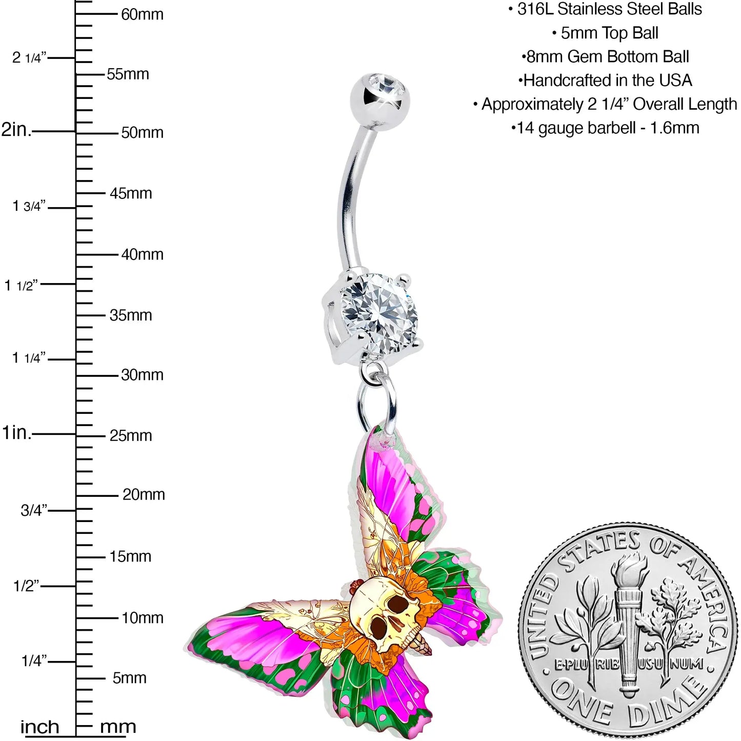 Clear Gem Butterfly Skull Dangle Belly Ring by Onyx O - BodyCandy - Flyclothing LLC