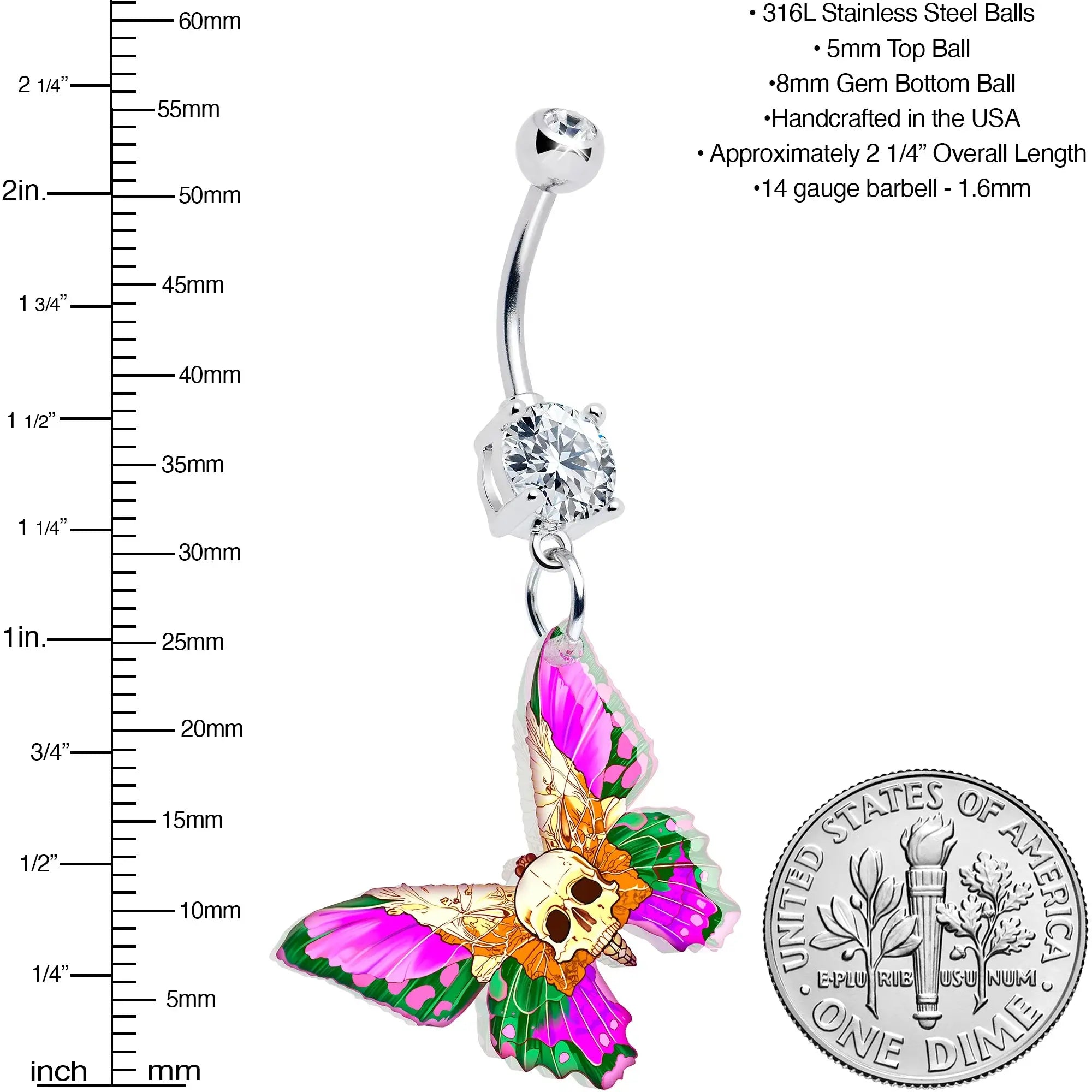 Clear Gem Butterfly Skull Dangle Belly Ring by Onyx O - BodyCandy - Flyclothing LLC