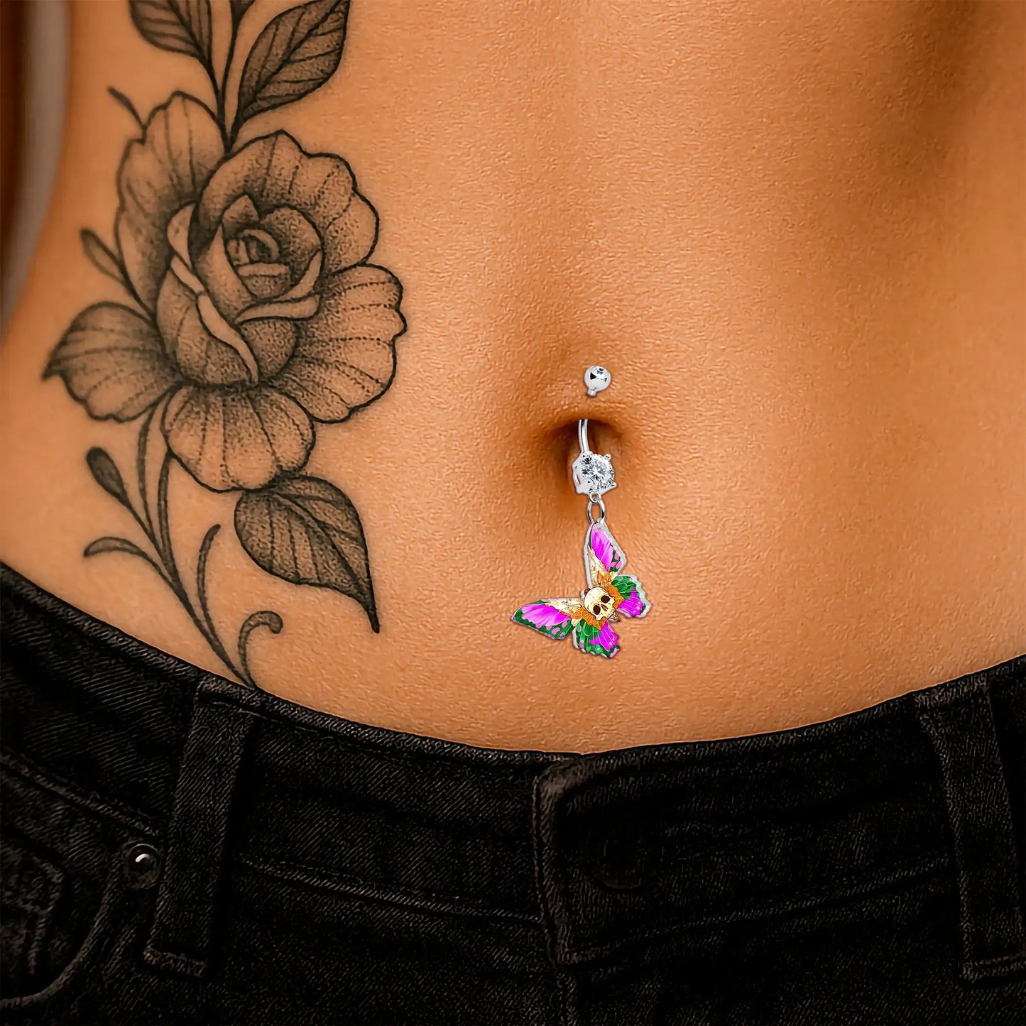 Clear Gem Butterfly Skull Dangle Belly Ring by Onyx O - BodyCandy - Flyclothing LLC