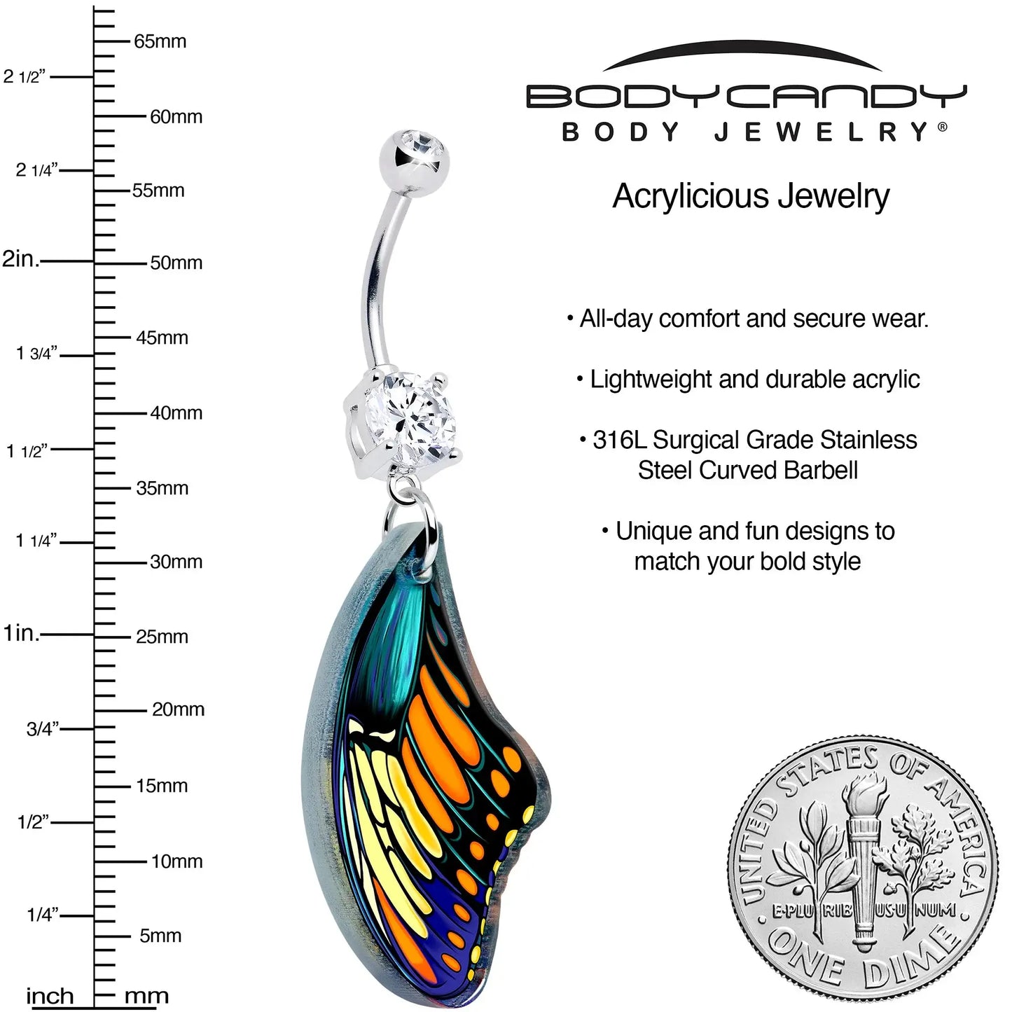 Double Gem Butterfly Wing Dangle Belly Ring by Onyx O - BodyCandy - Flyclothing LLC
