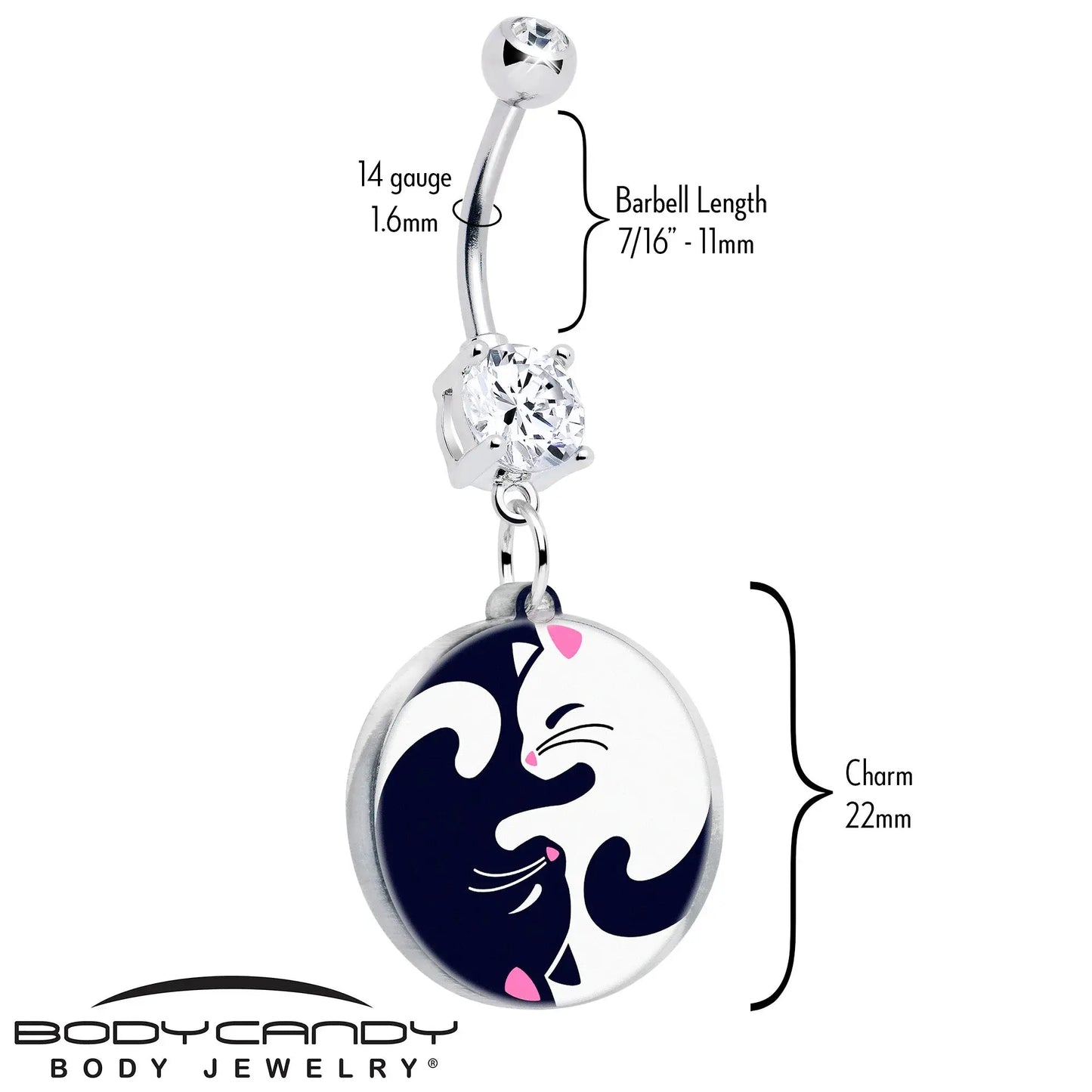 Double Gem Yin Yang Cat Dangle Belly Ring by Onyx O - BodyCandy - Flyclothing LLC