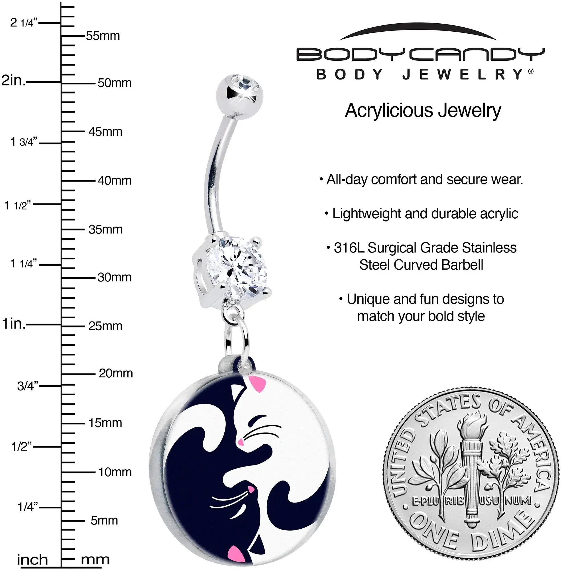 Double Gem Yin Yang Cat Dangle Belly Ring by Onyx O - BodyCandy - Flyclothing LLC